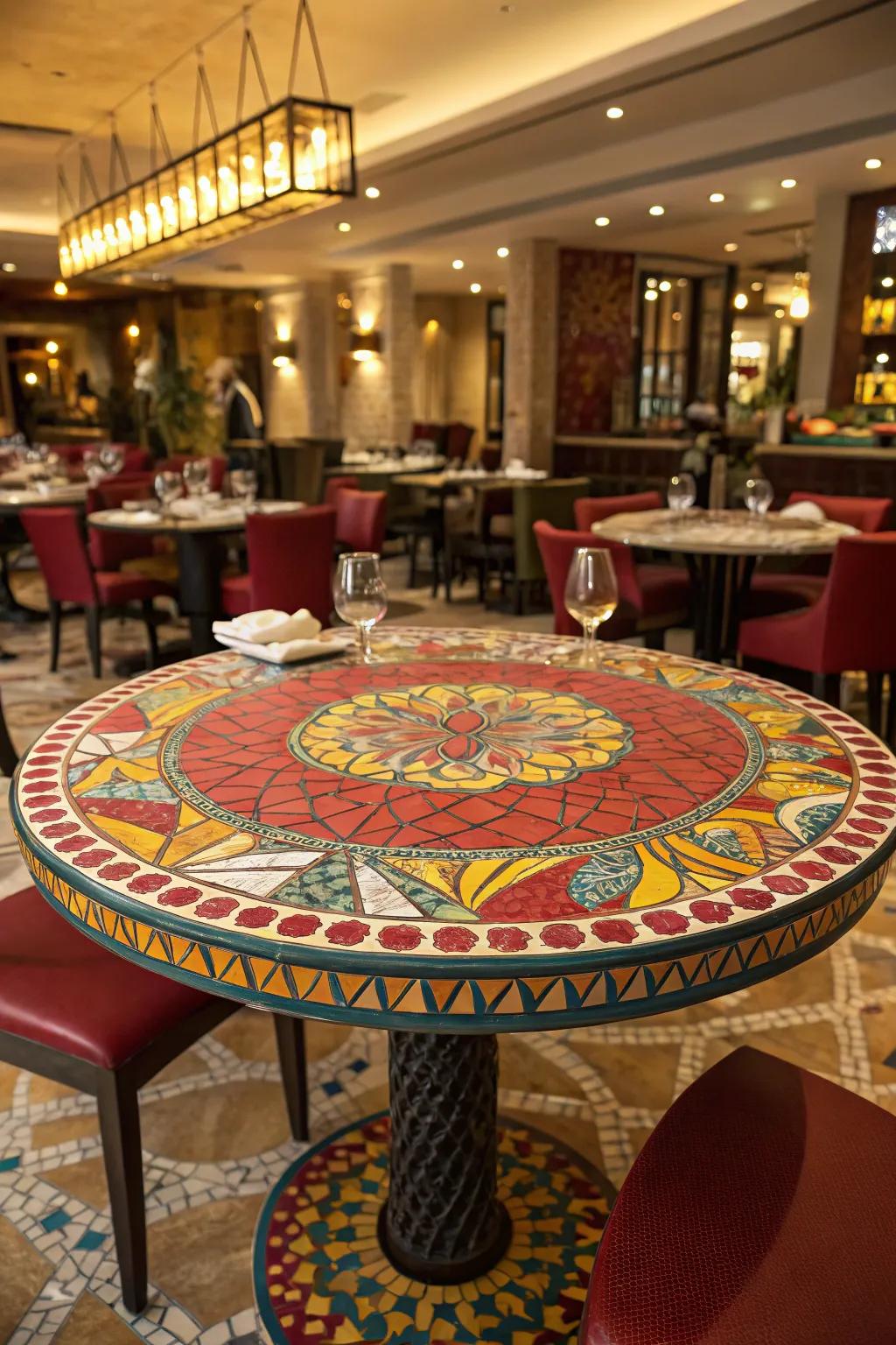 Audacious mosaic compositions fashion a striking proclamation within any chamber.