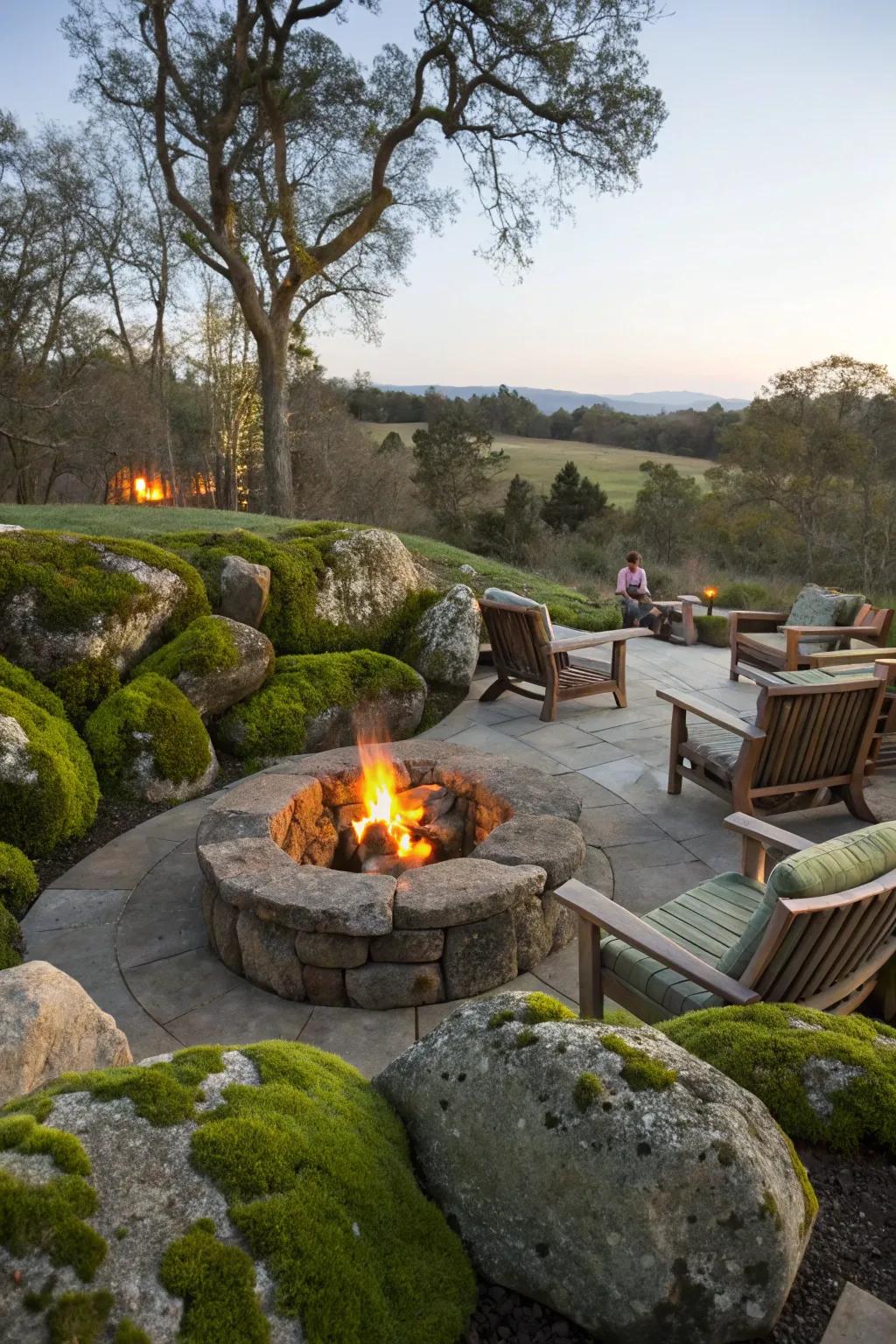 A welcoming brazier sector outlined by exuberant moss stones.