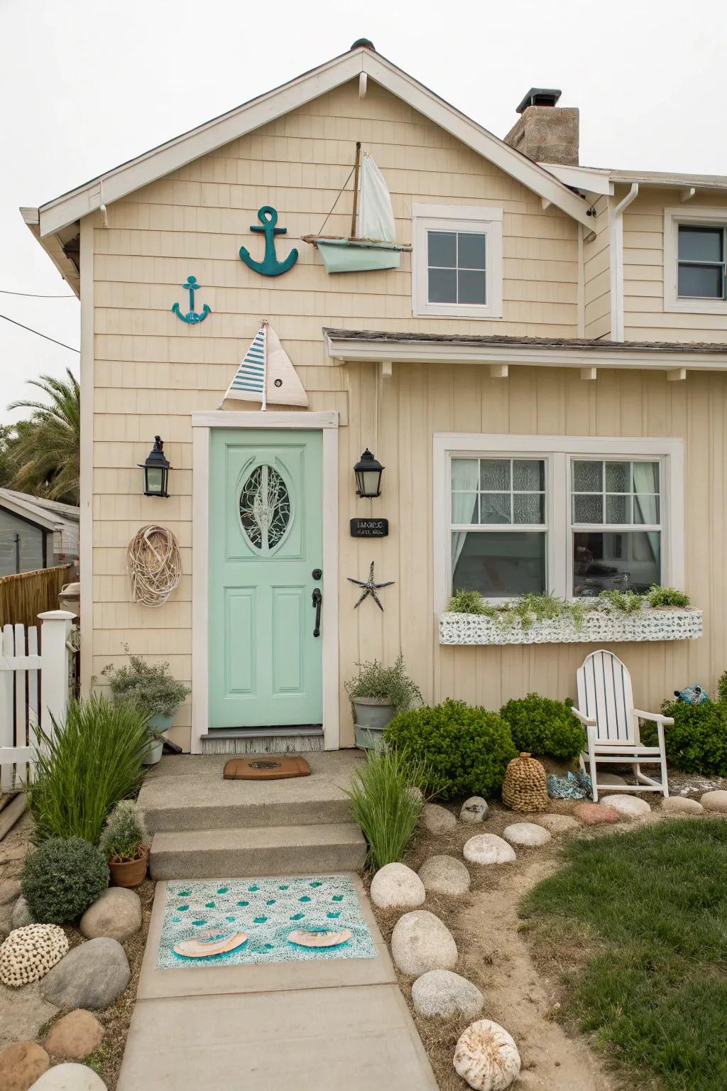 Ocean foam green front door imparts a coastal vibe to a beige house.