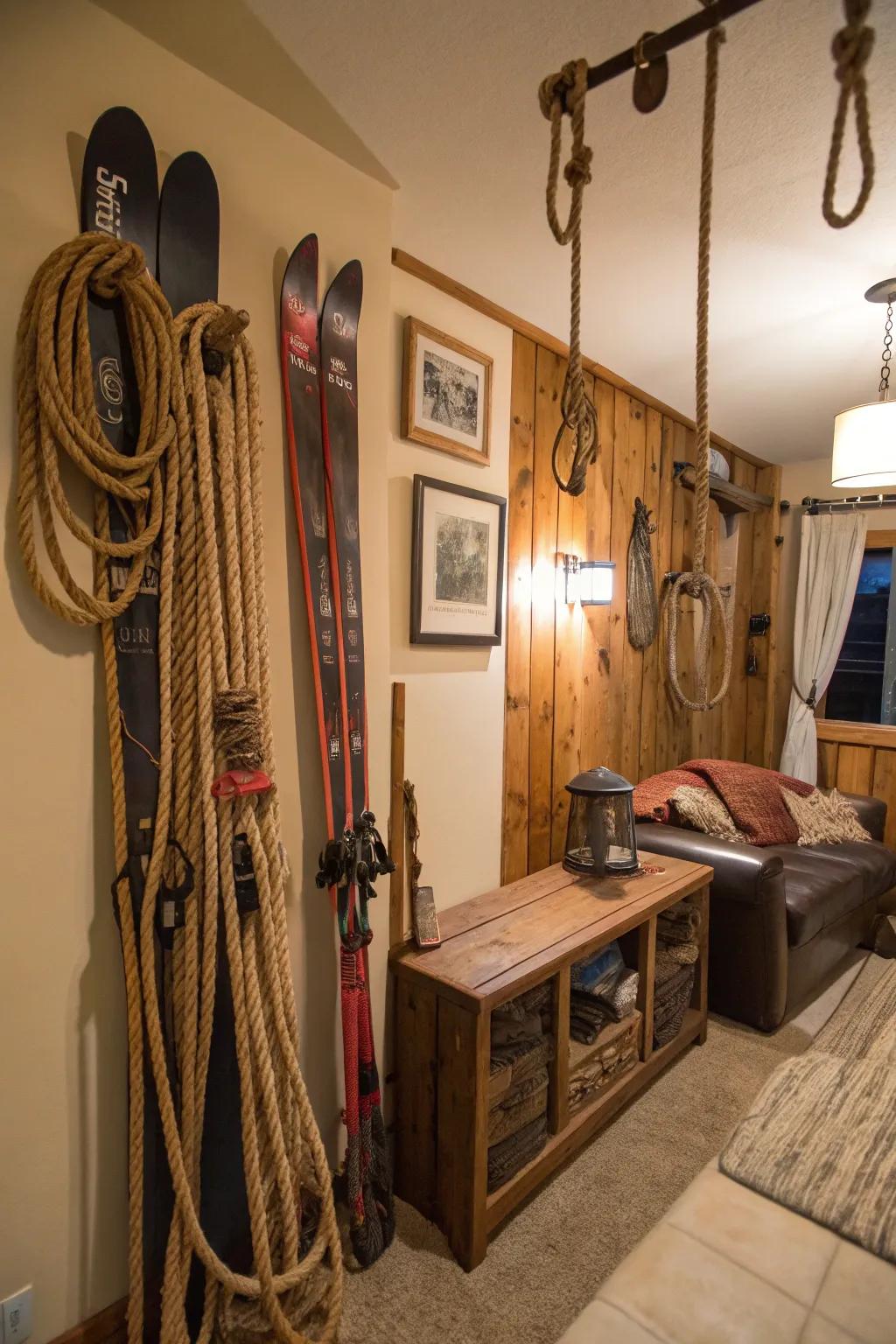 A room featuring unique decor utilizing repurposed mountain equipment.