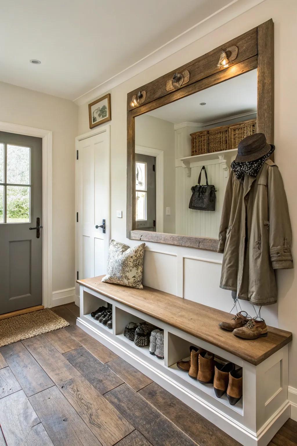 A spacious mudroom seating area enhanced by a strategic reflector.