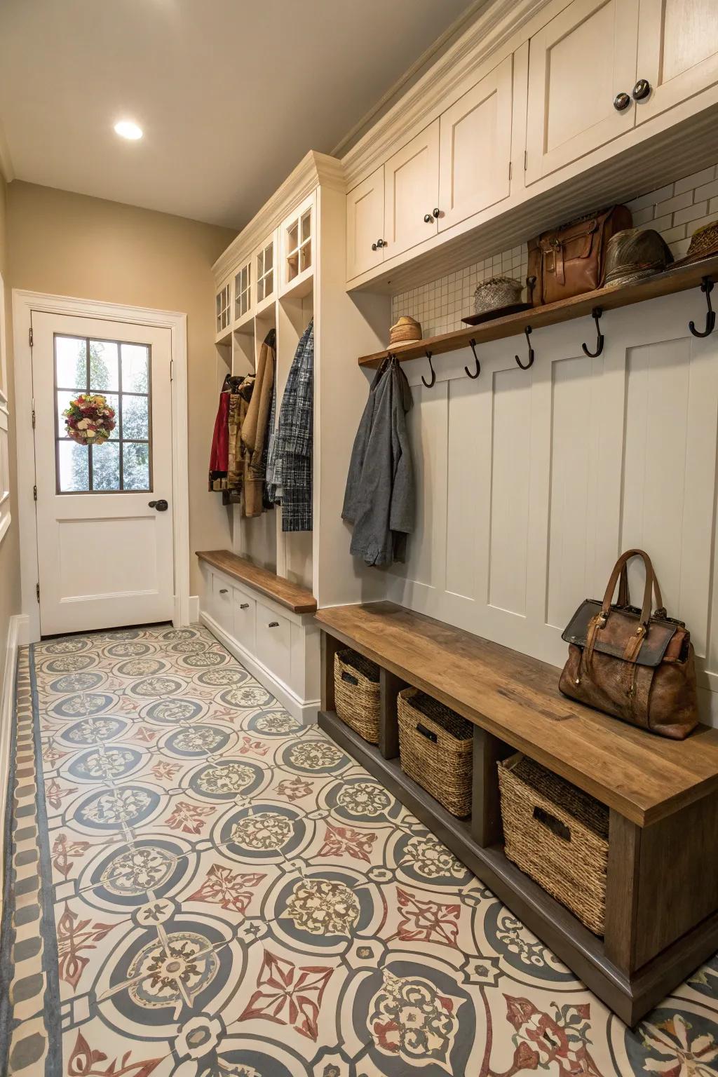 Retro tile patterns add timeless charm.