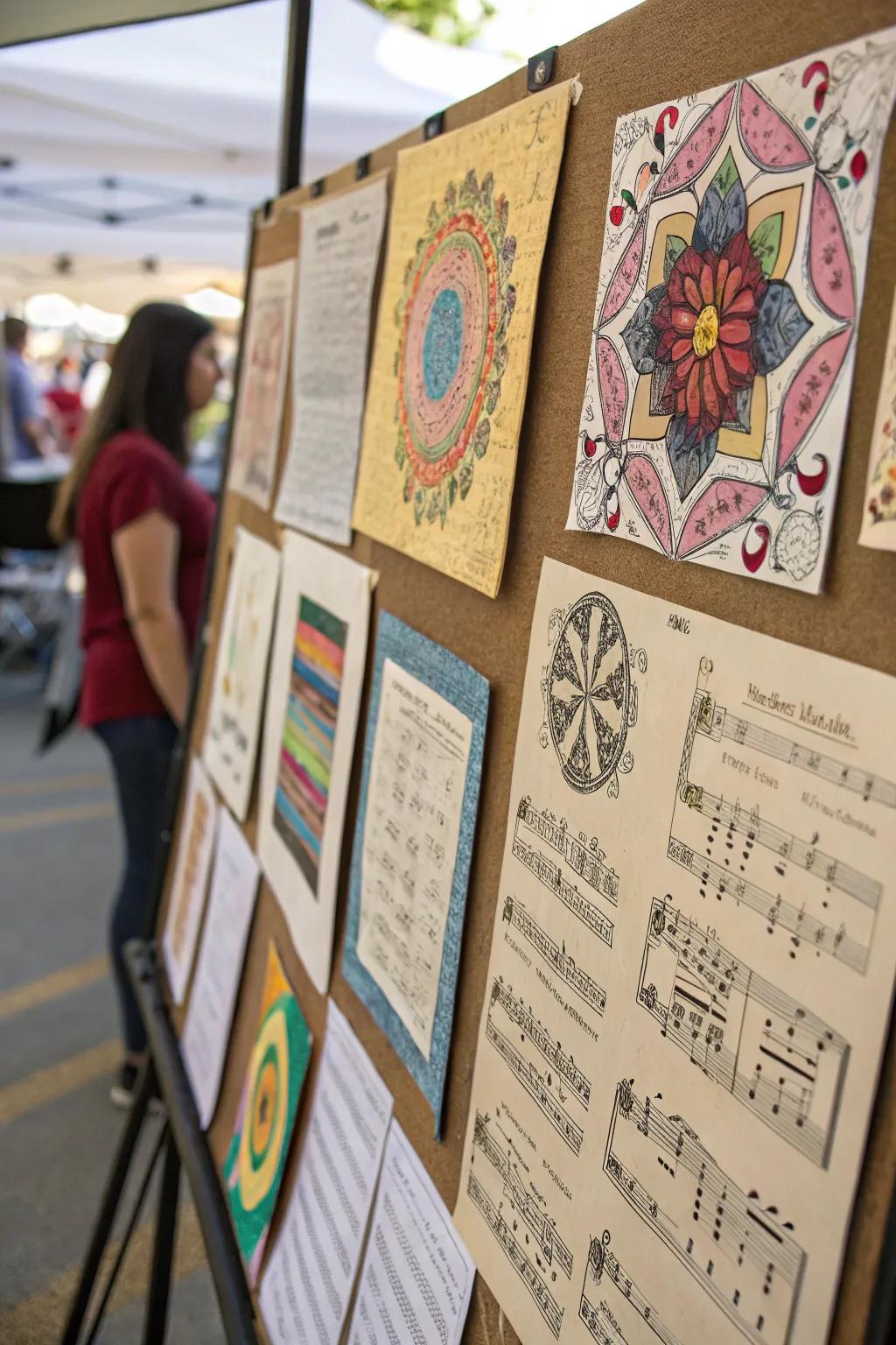 Artistic bulletin board with creative uses of old music sheets.
