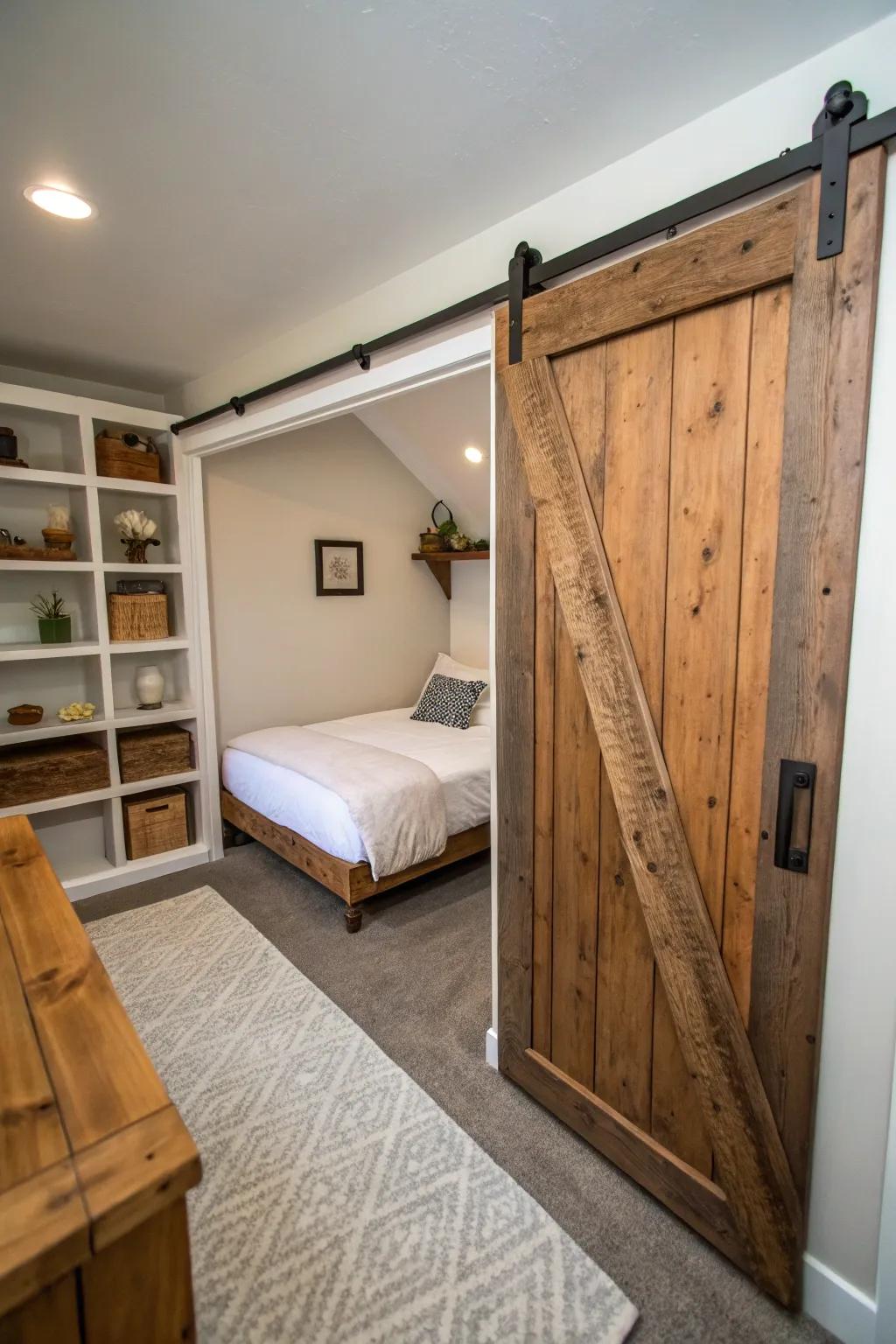 Sliding doors save space in a narrow bedroom.