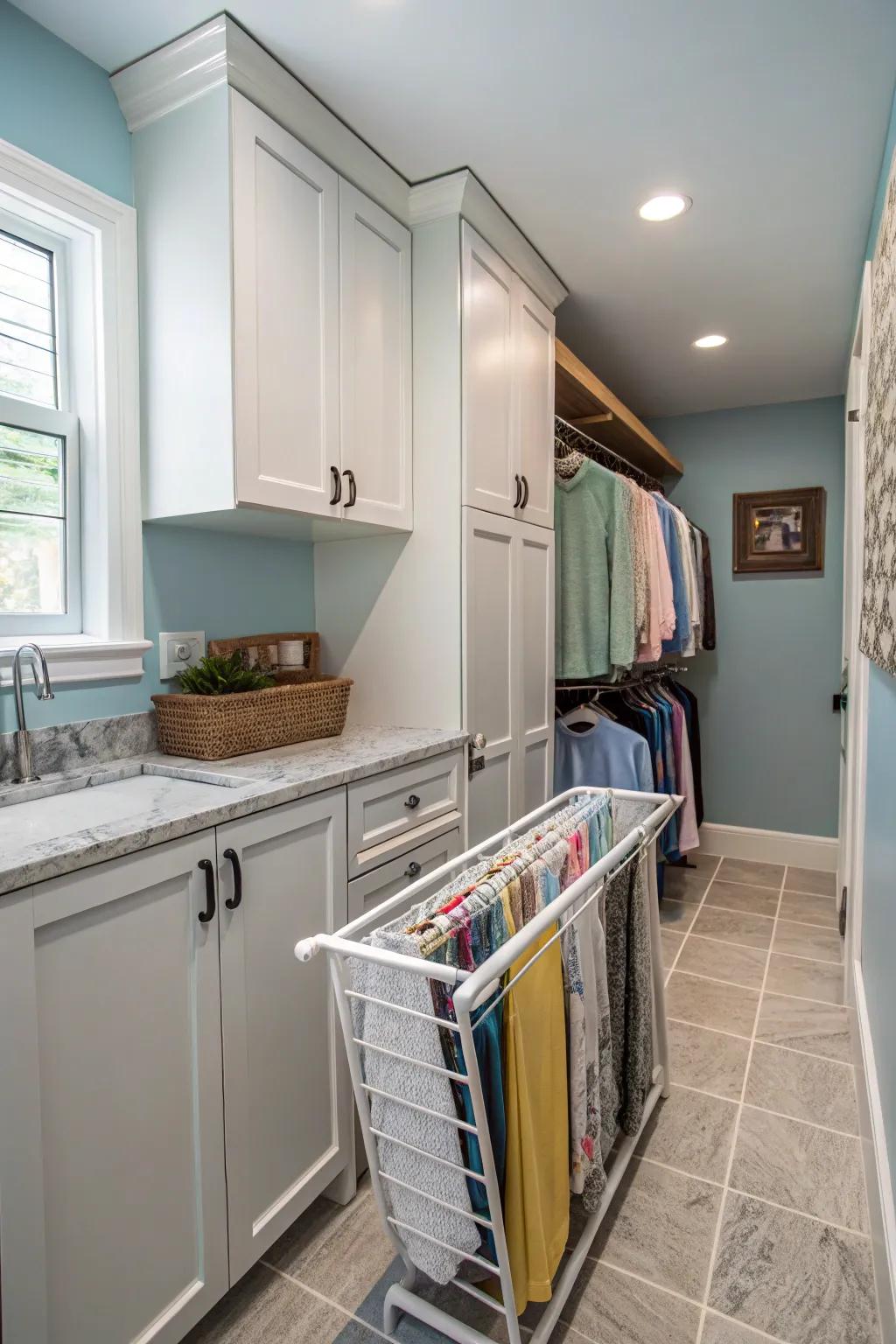 A pull-out drying system provides functionality without sacrificing area.