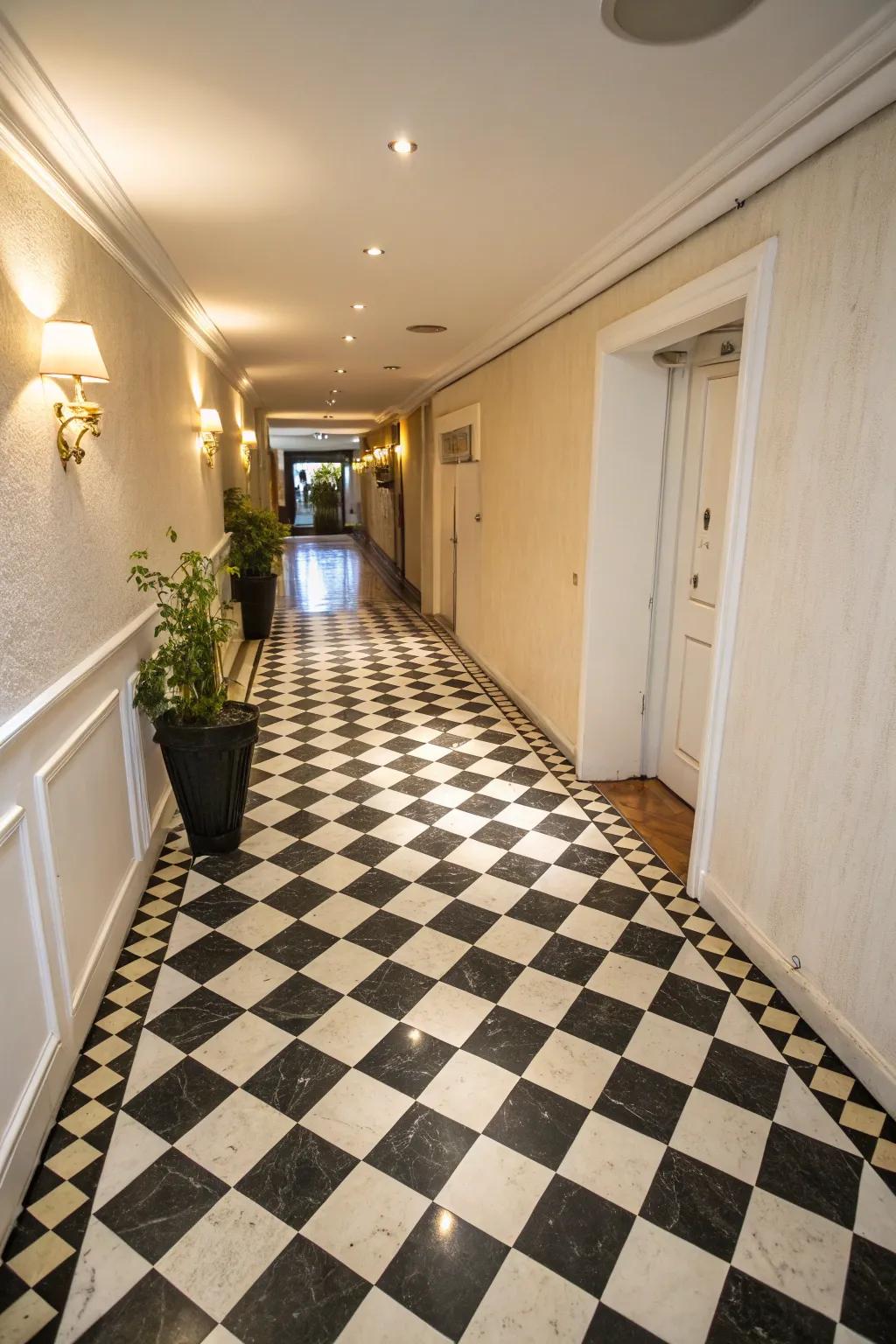 Tiled squares flooring adds a traditional and lively touch to slim hallways.