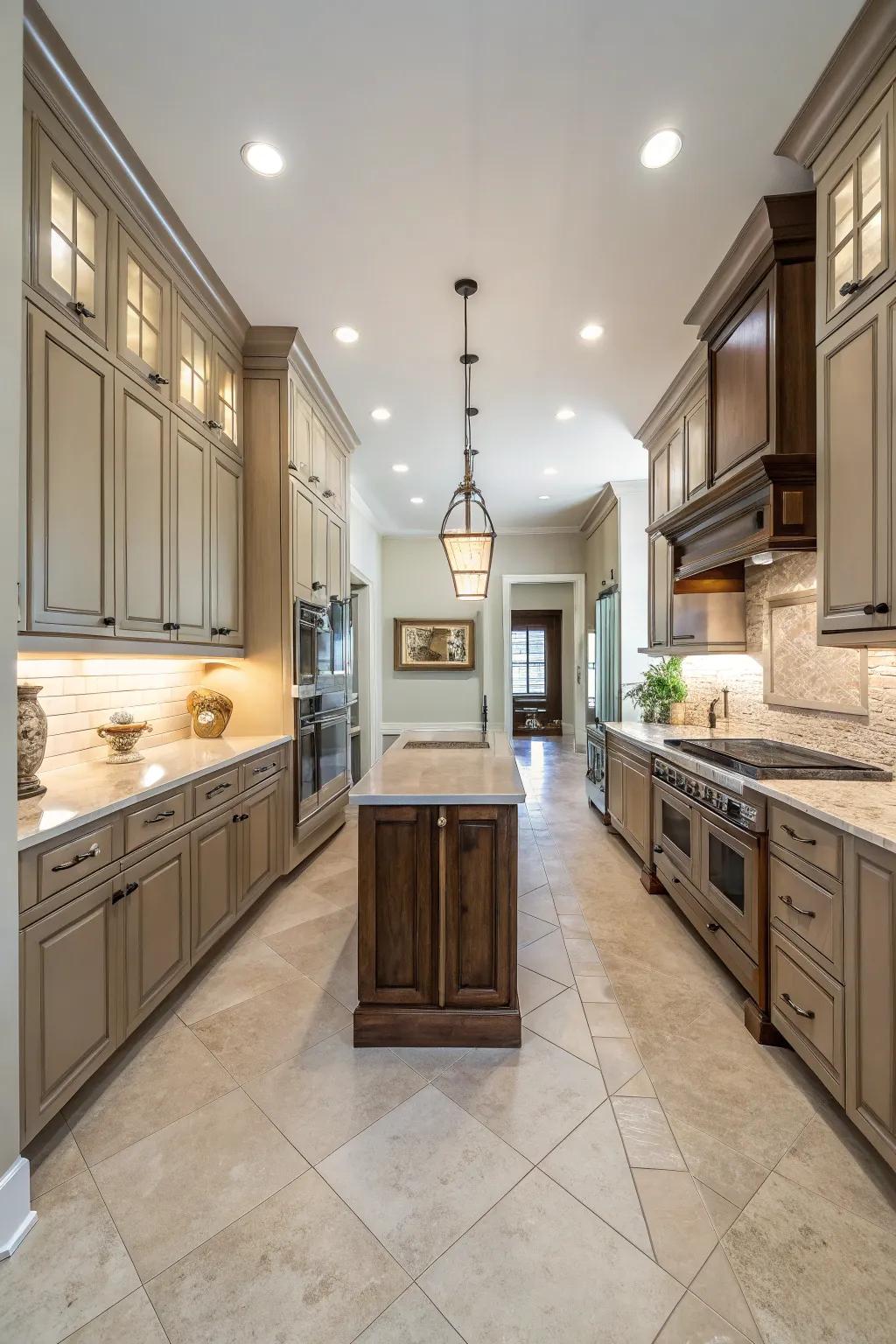 Symmetry provides visual balance in narrow kitchens.