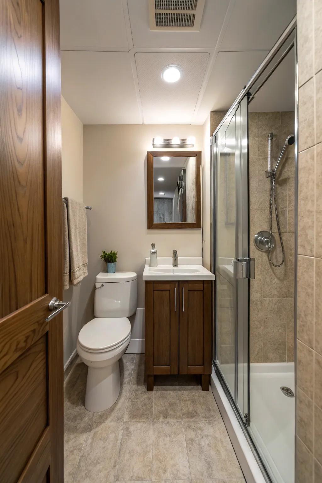 Functional design arrangements maximize areas and promote better space practices within slender bath layouts.