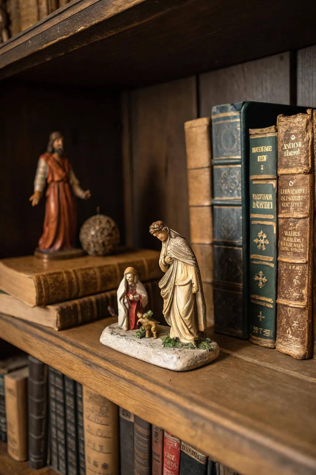 A literary-inspired nativity display featuring vintage tomes.