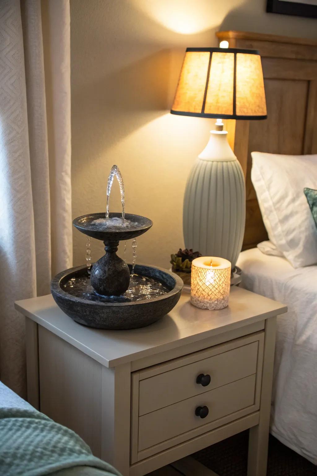 A water piece infuses a tranquil soundscape to the bedroom.