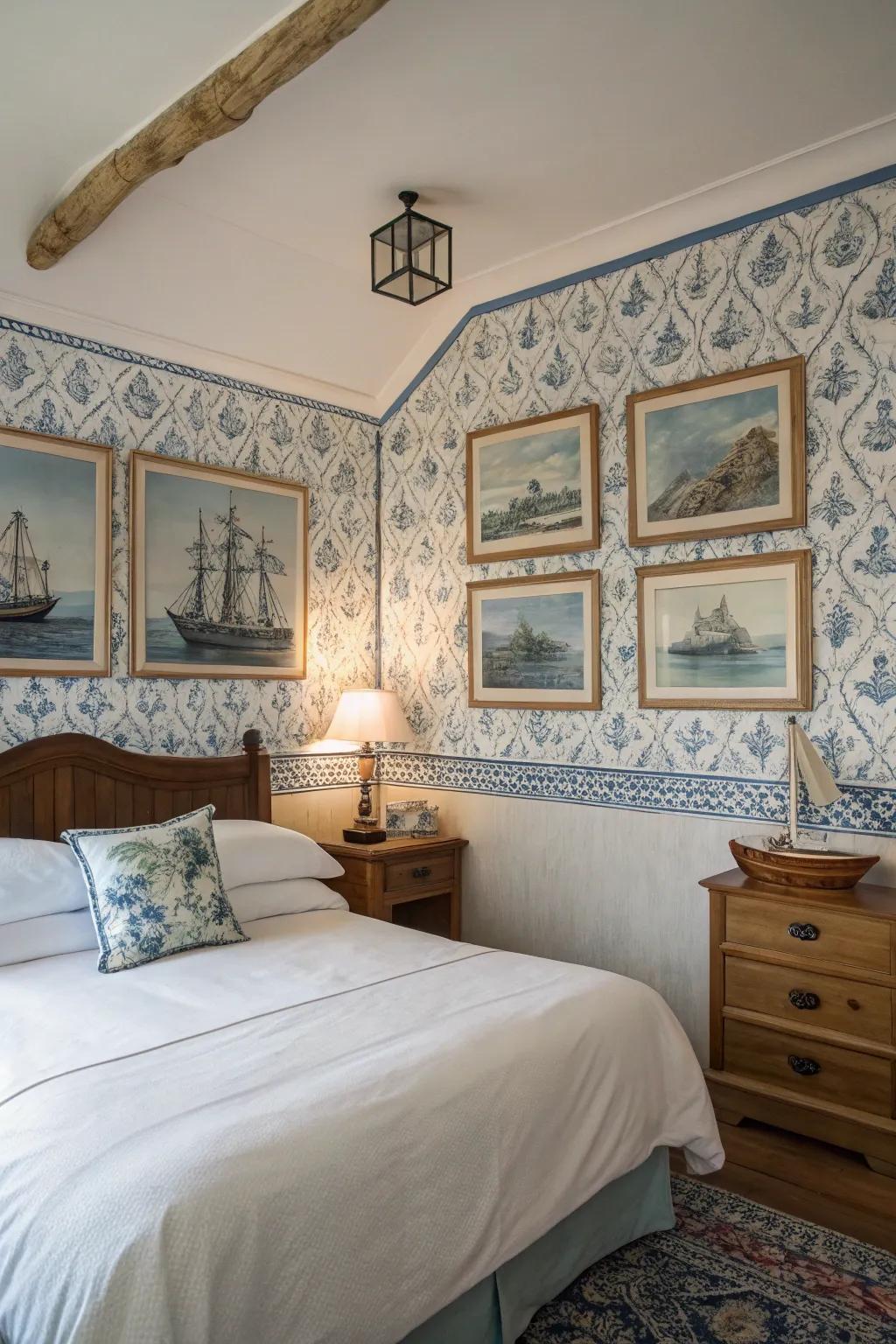 Nautical art pieces add depth and character to the room.