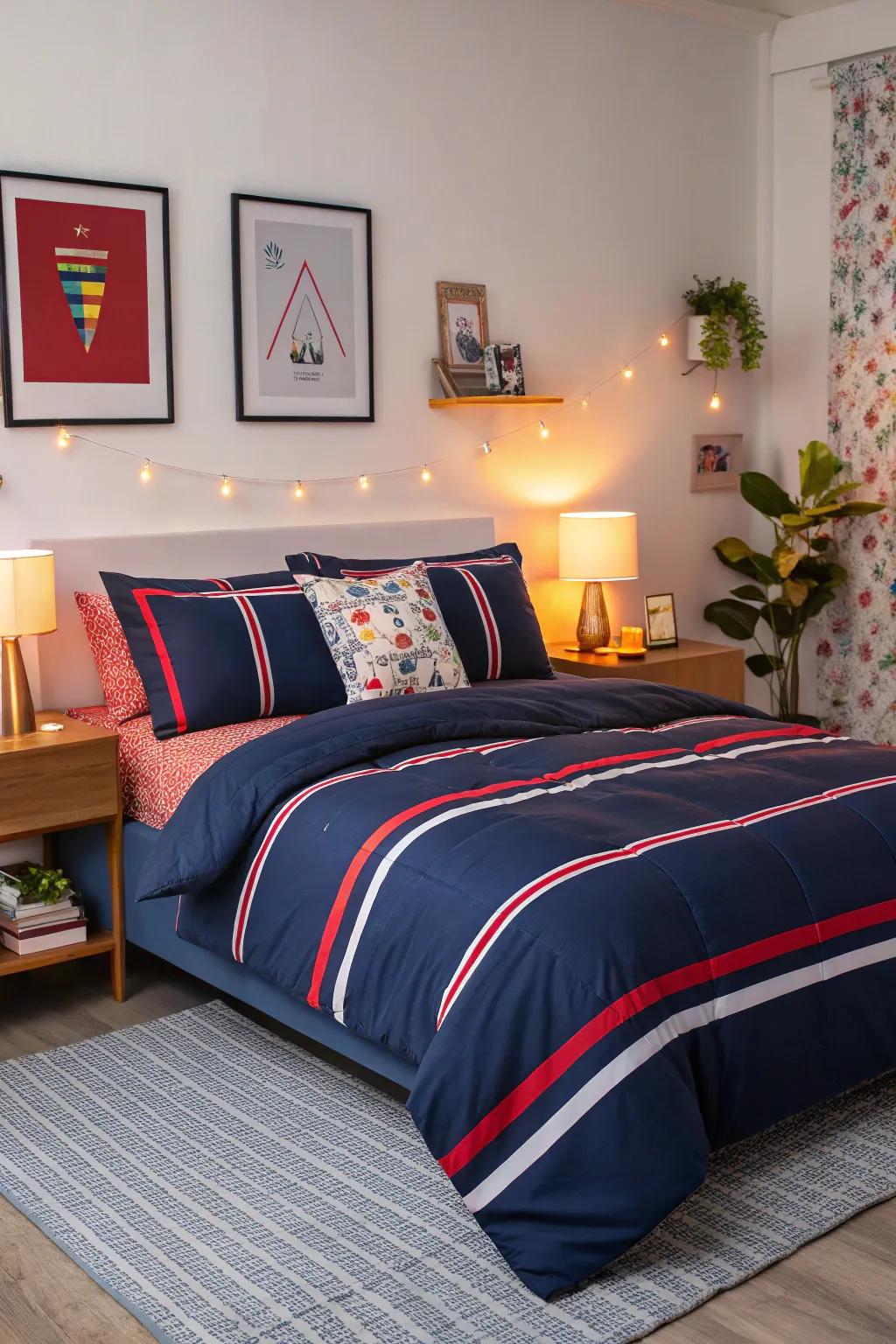 Add dynamic contrast with navy bedding featuring bold stripes.