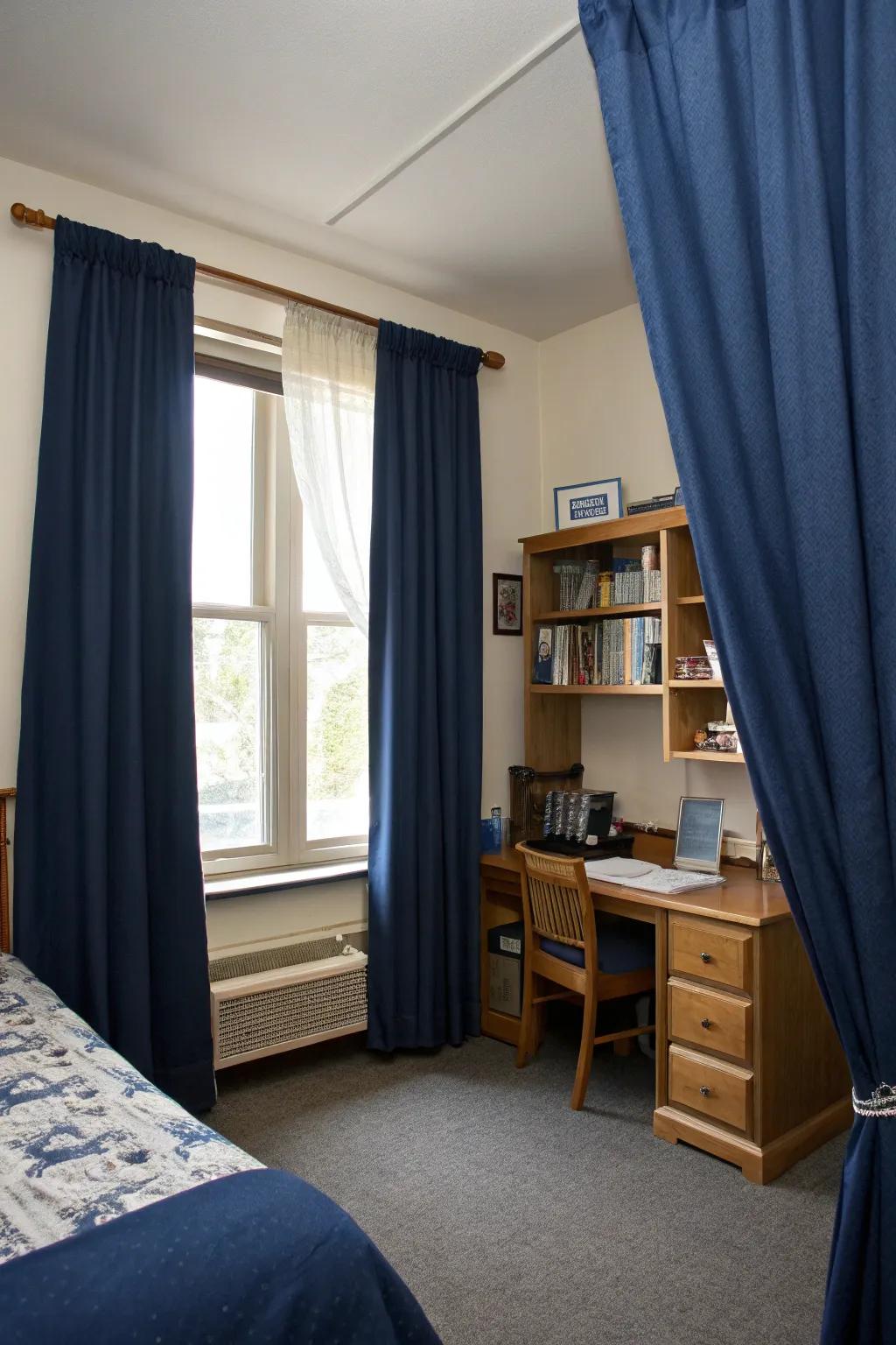Navy curtains enhance privacy and style.