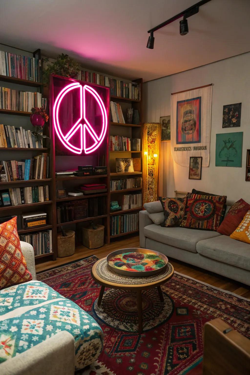 A neon peace sign brings unity to an eclectic living room.