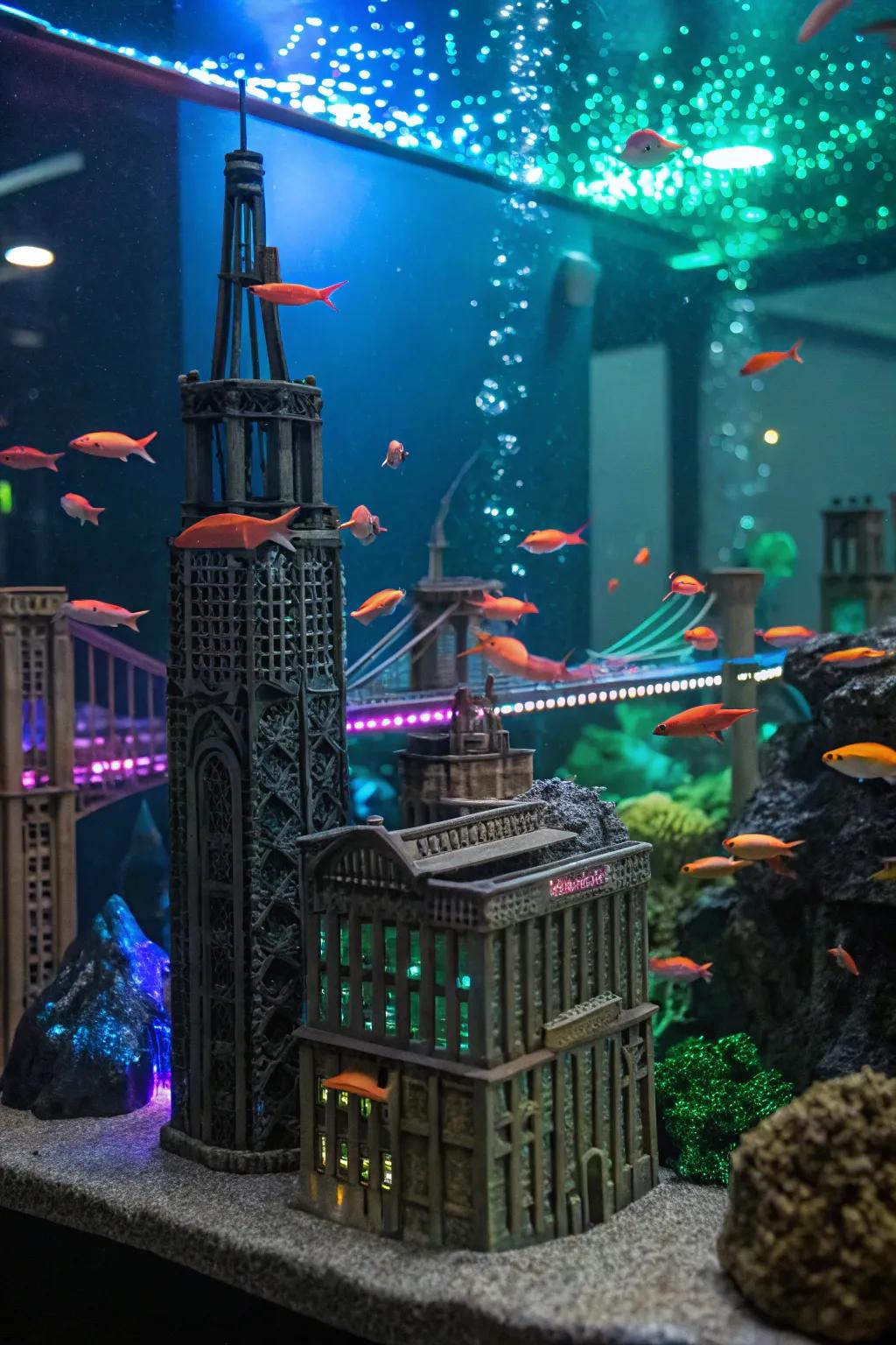 A themed milieu with fluorescent components appends persona to this aquarium.