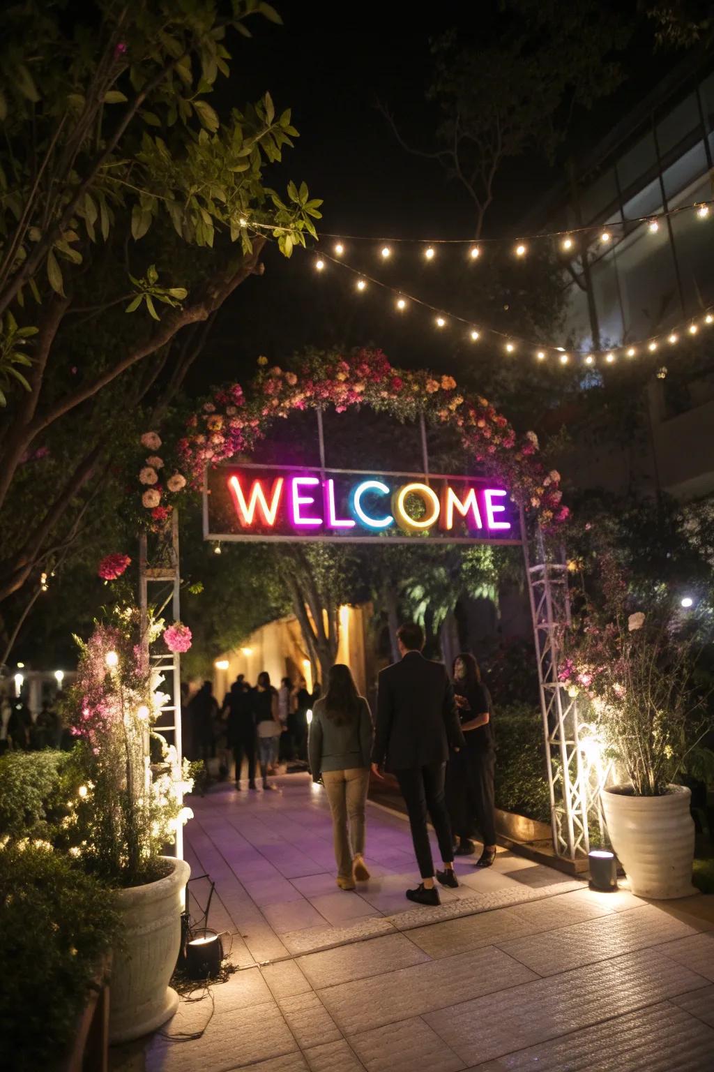 Entryway with a personalized neon symbol, warmly welcoming attendees to the vibrant celebration.
