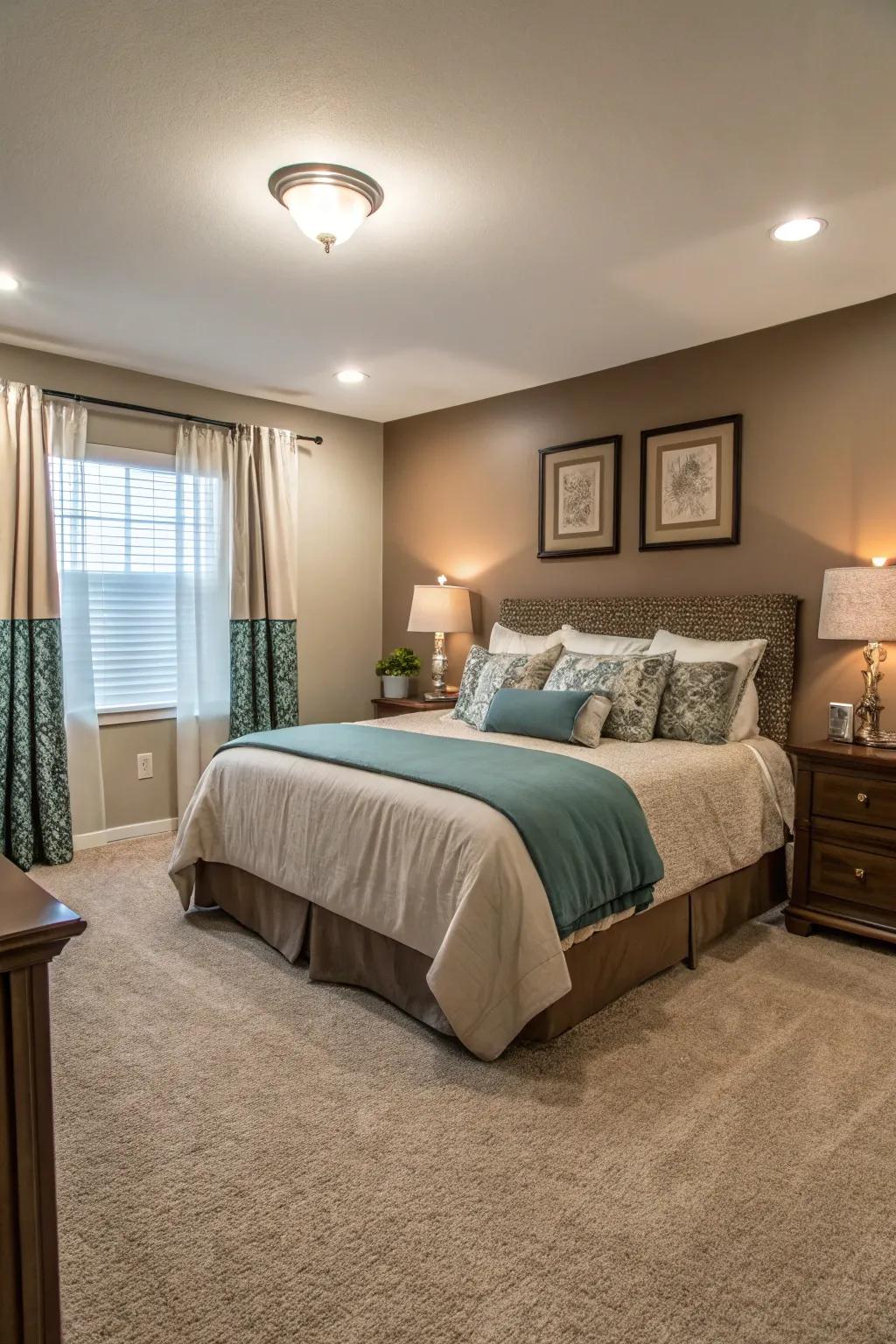 Harmonious carpet hues create a cohesive bedroom environment.