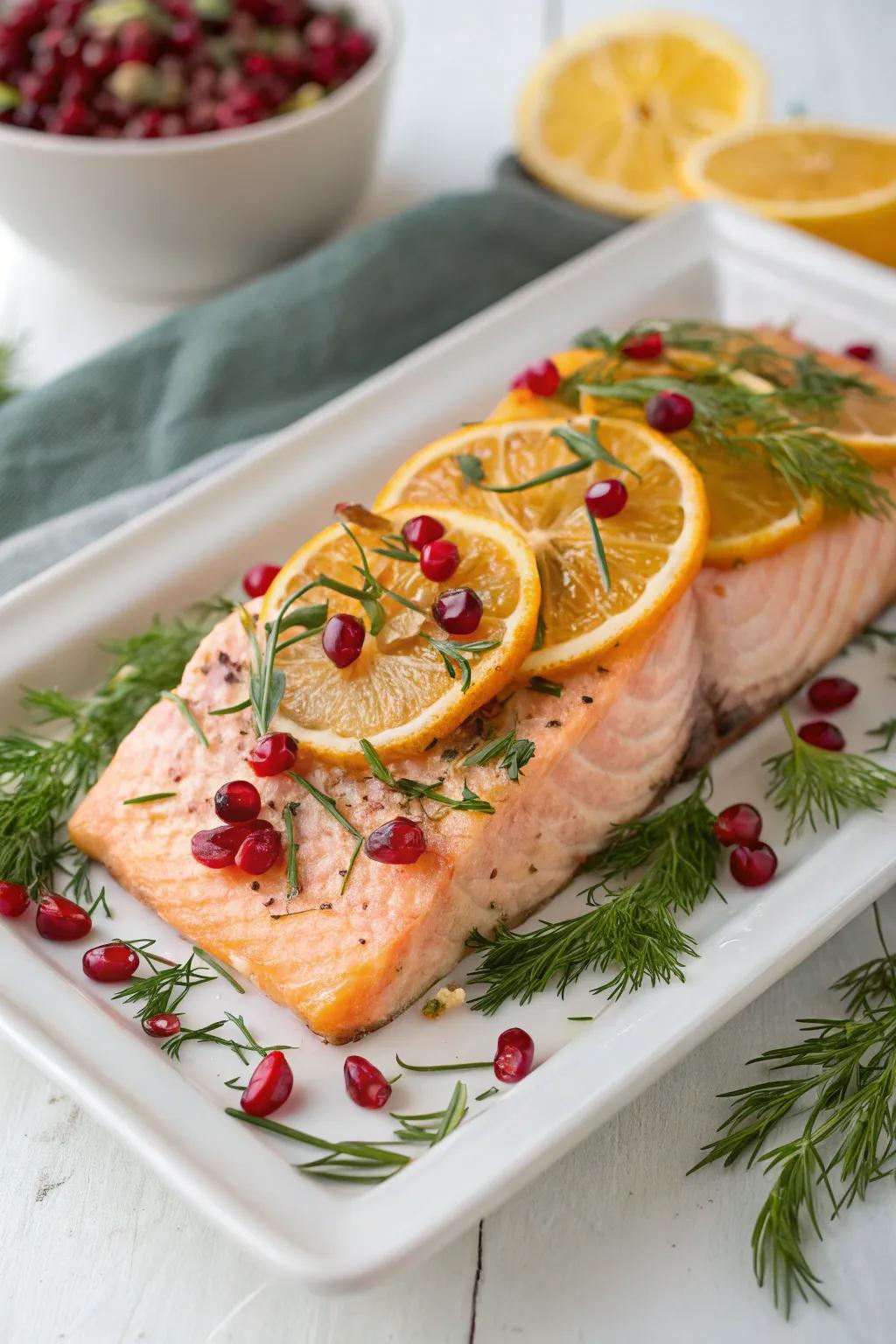 Citrus seeded jewel salmon, providing a rush of color and flavor for your New Year's dinner.