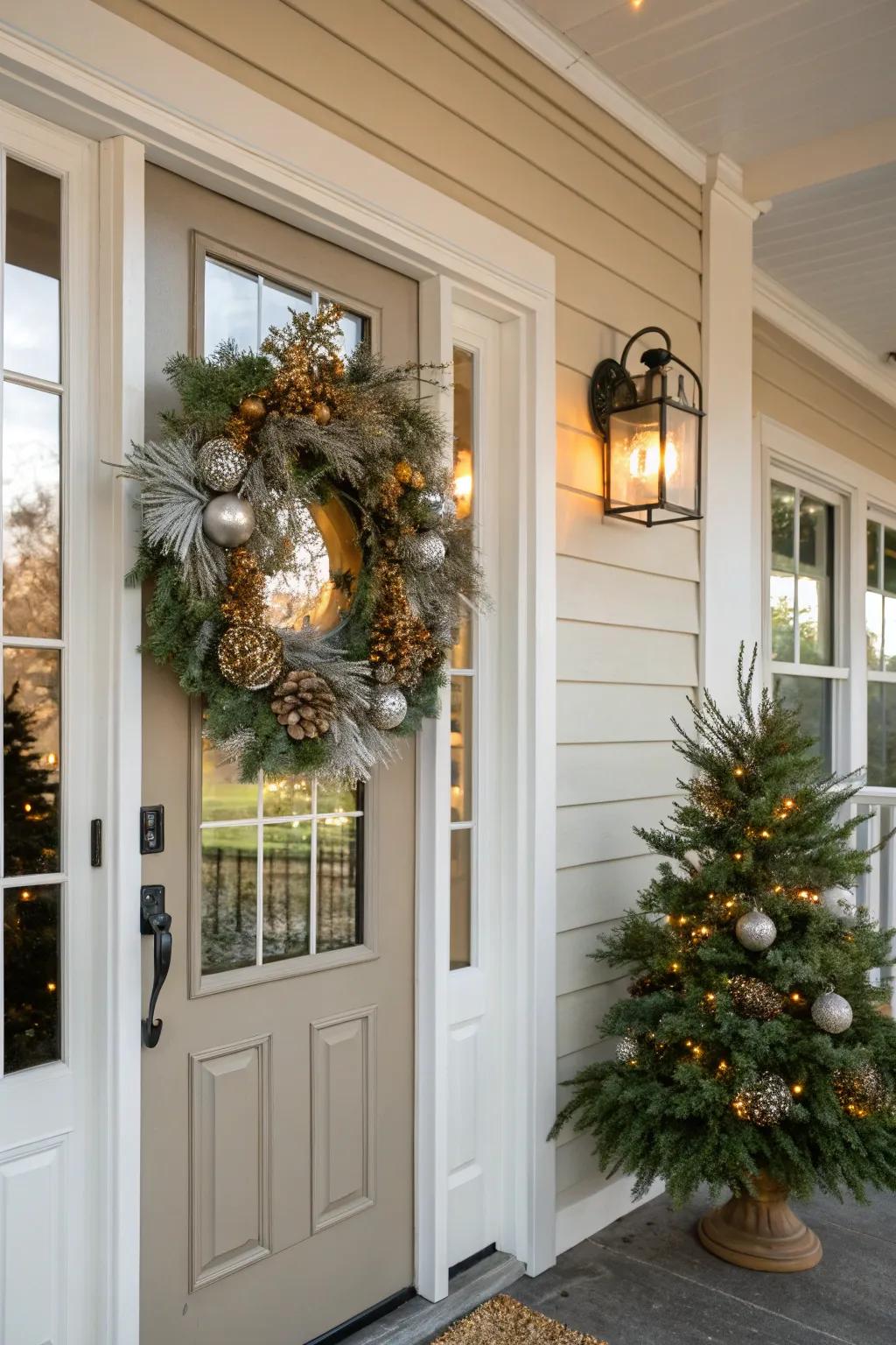 A celebratory decoration on the front entry establishes a hospitable ambiance.