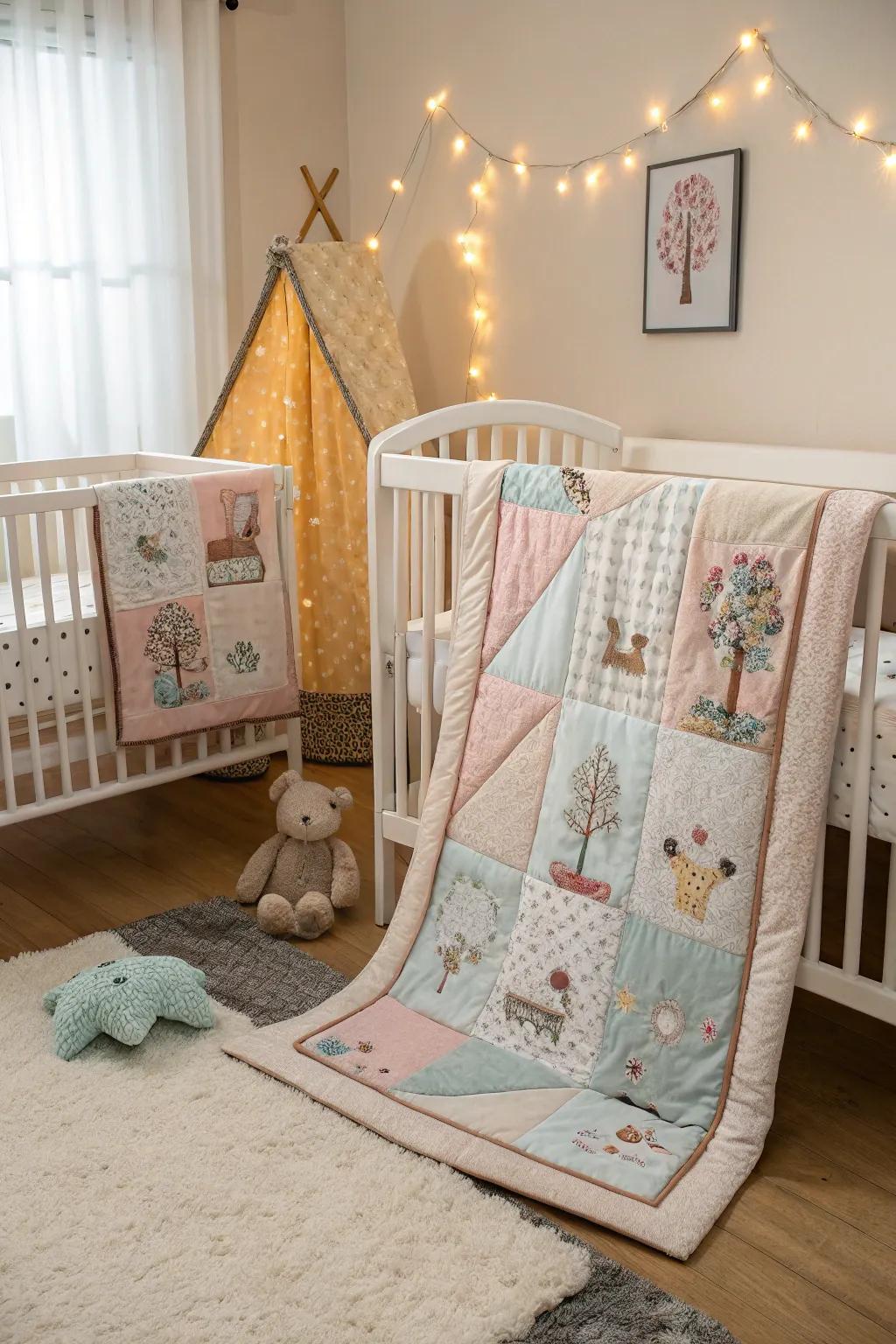 Soft covers provide comfort and a bespoke touch to twin nurseries, creating a warm and inviting atmosphere.