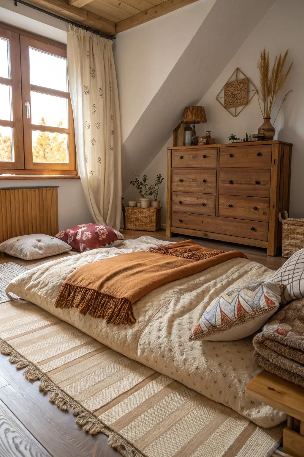 Rustic elements infuse your bedroom with warmth and charm.