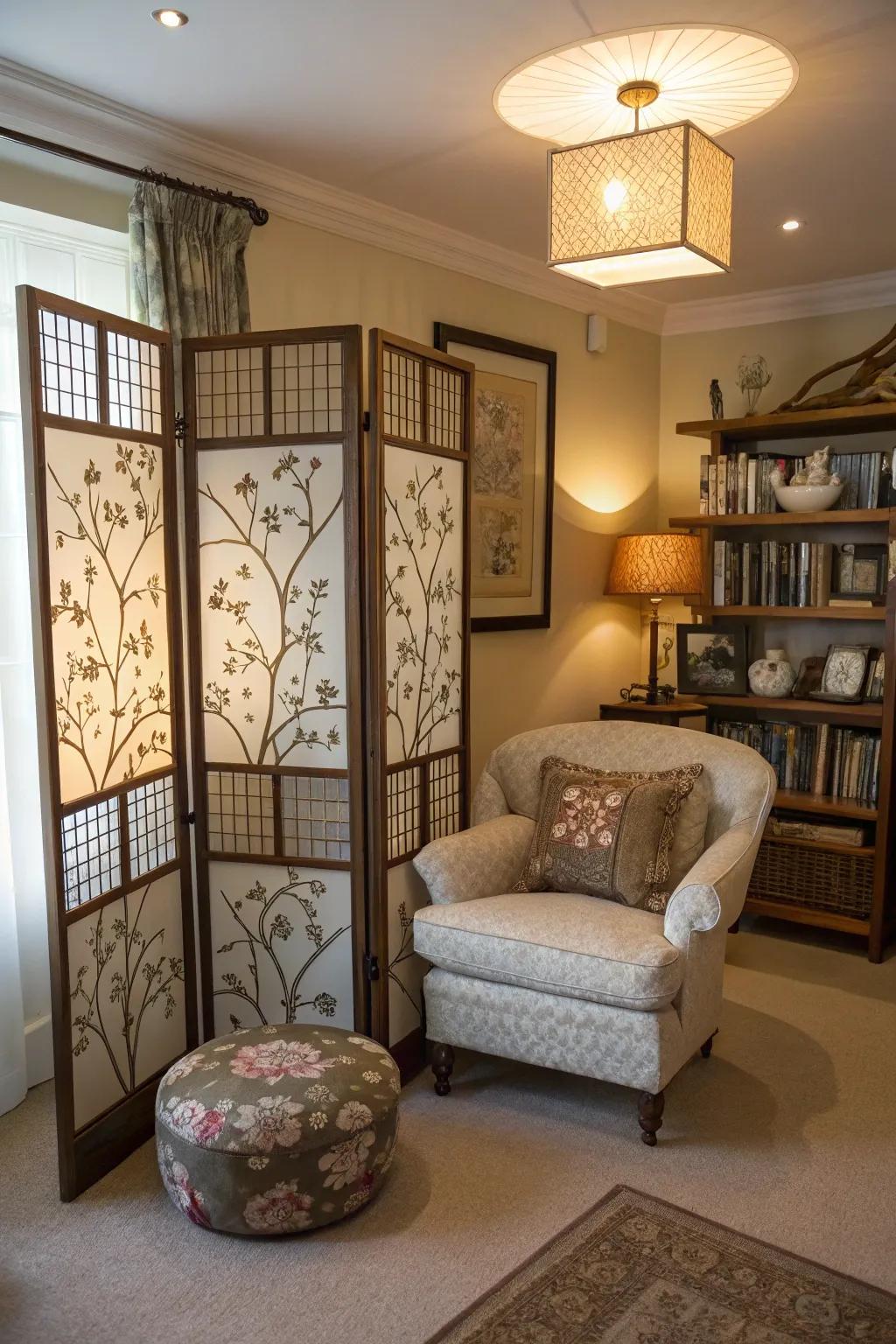 A sophisticated alcove amplified by an ornamental folding divider, promoting amplified privacy.