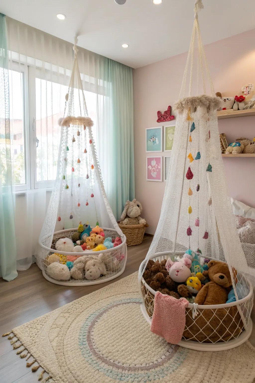 Elevated nets offer a whimsical storage solution for stuffed animals.