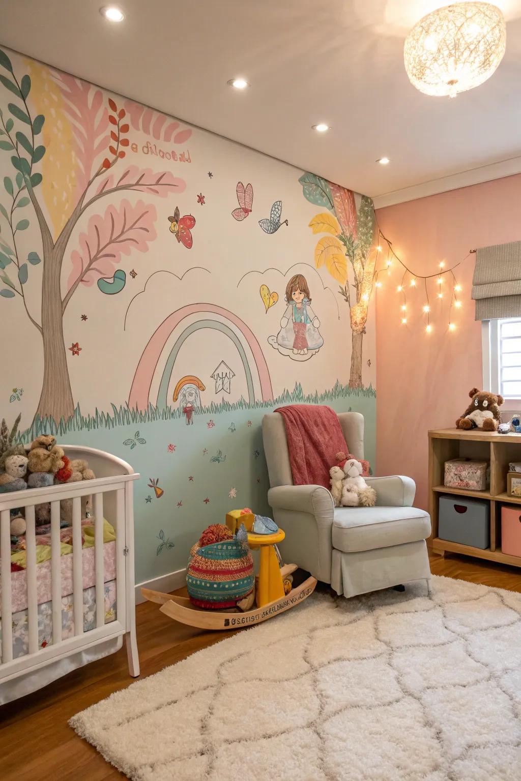 Hand-painted wall features add a unique and personal element.