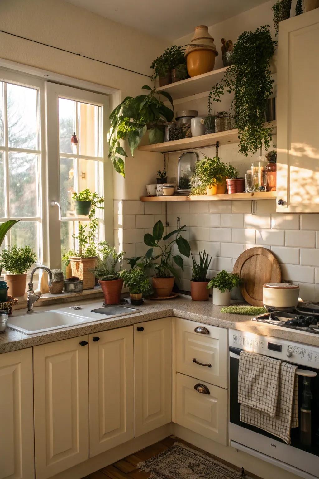 Plants and natural things bring a fresh vibe to the kitchen.