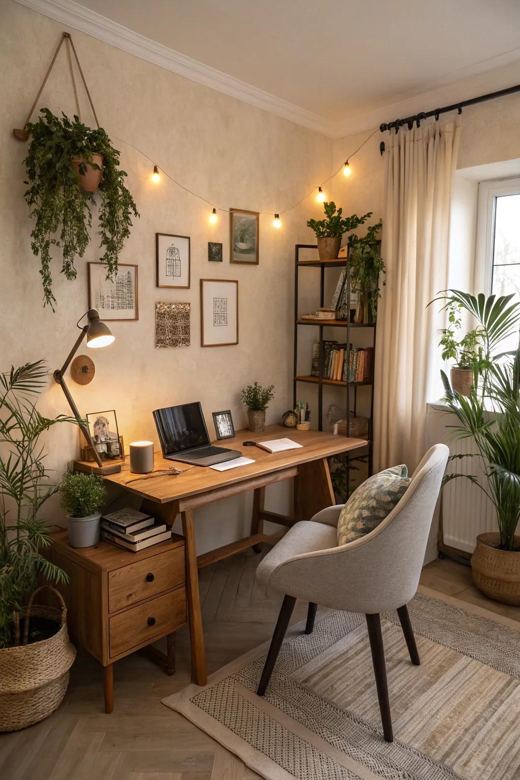 Beige tones create a warm and balanced office environment.