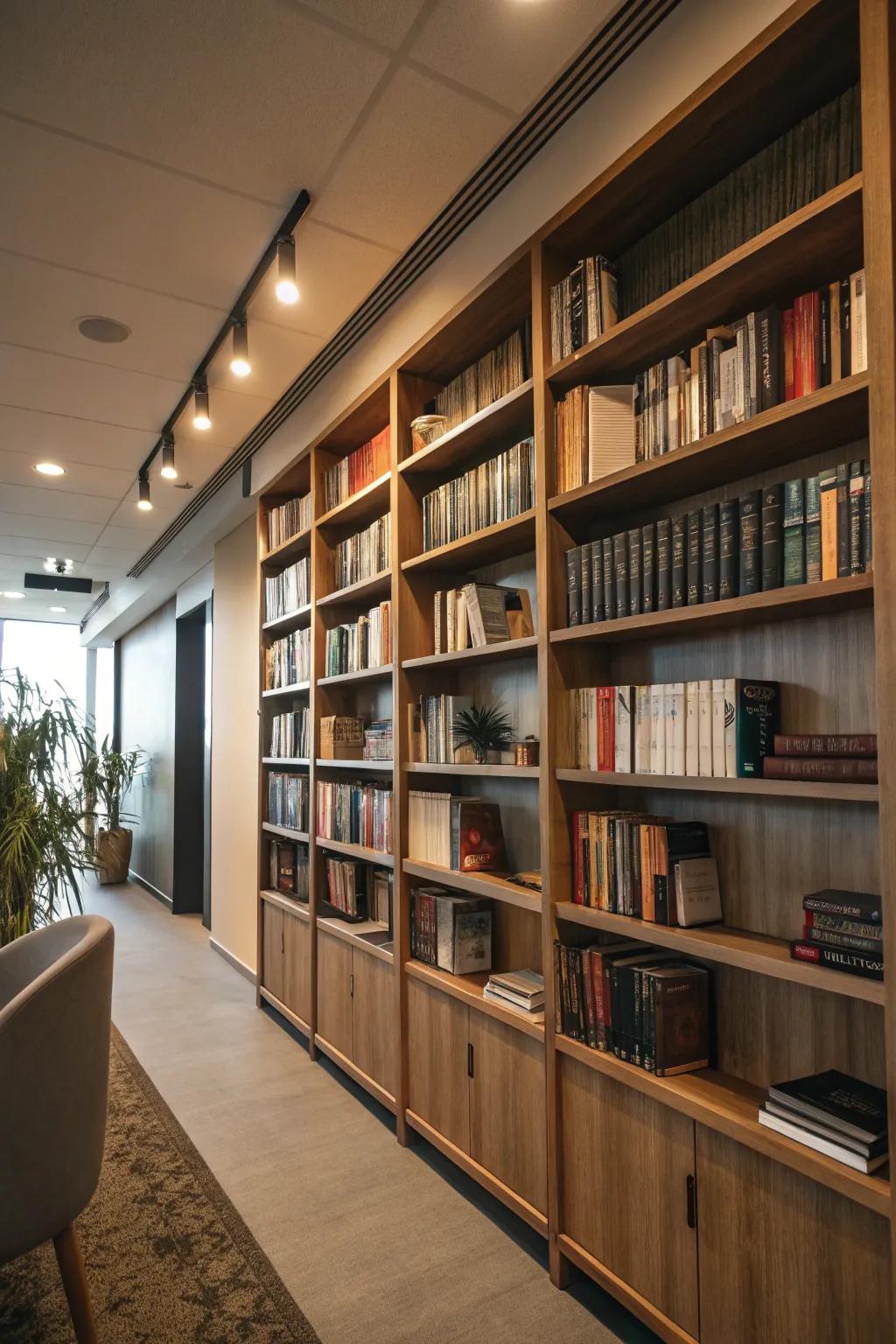High floating shelves provide ample storage and a streamlined appearance in this office.