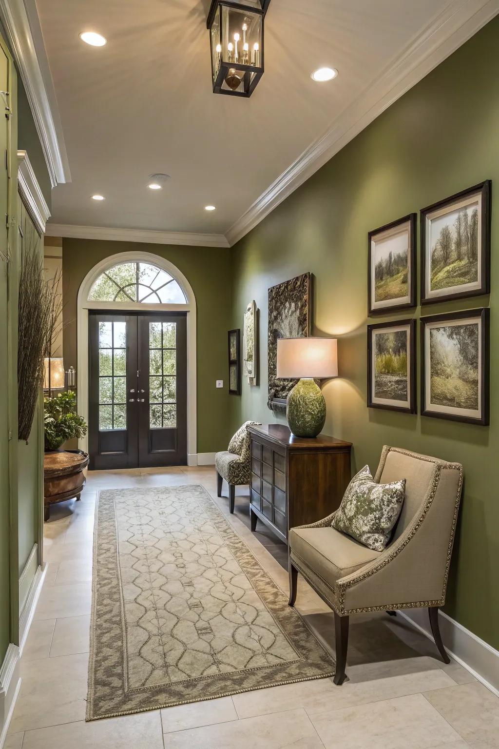 An inviting entryway with stylish woodland moss walls.