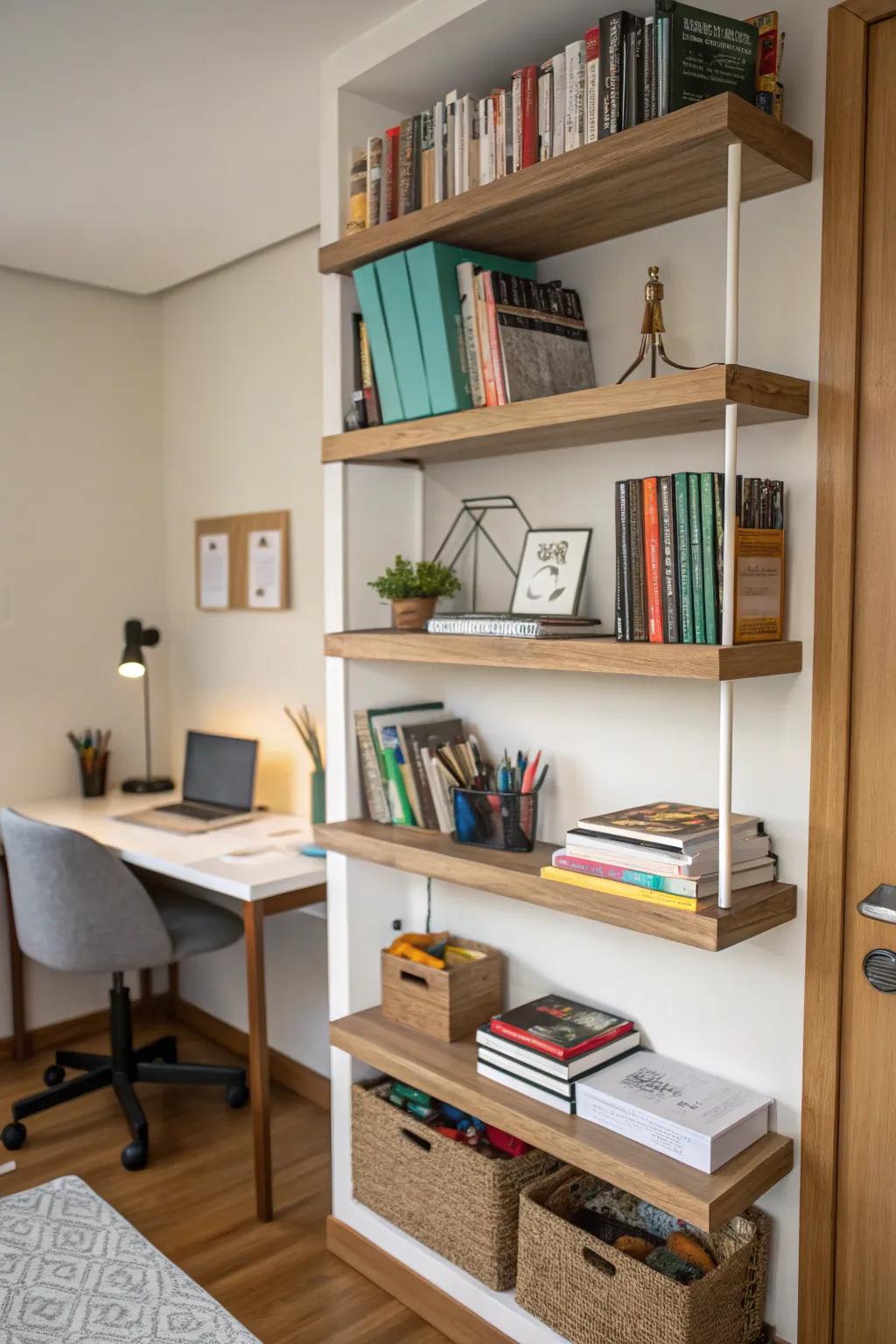 Wall-mounted shelves offer elegant and space-saving storage.