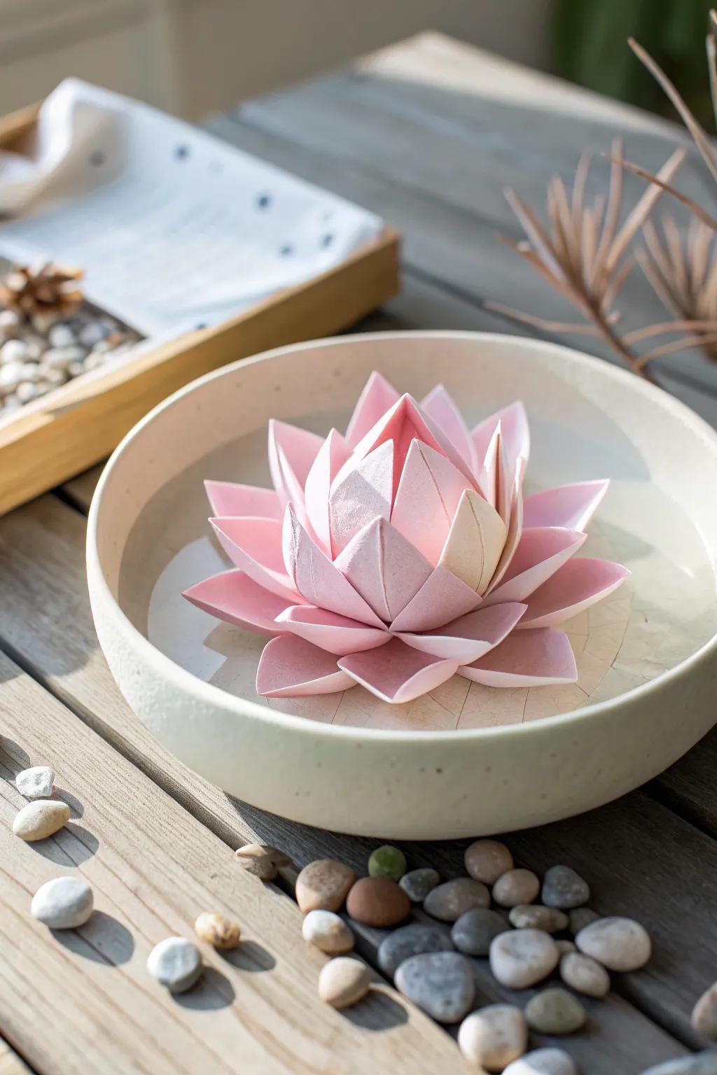 Peace through Paper: Uncover the relaxing allure of a paper folded water lily.