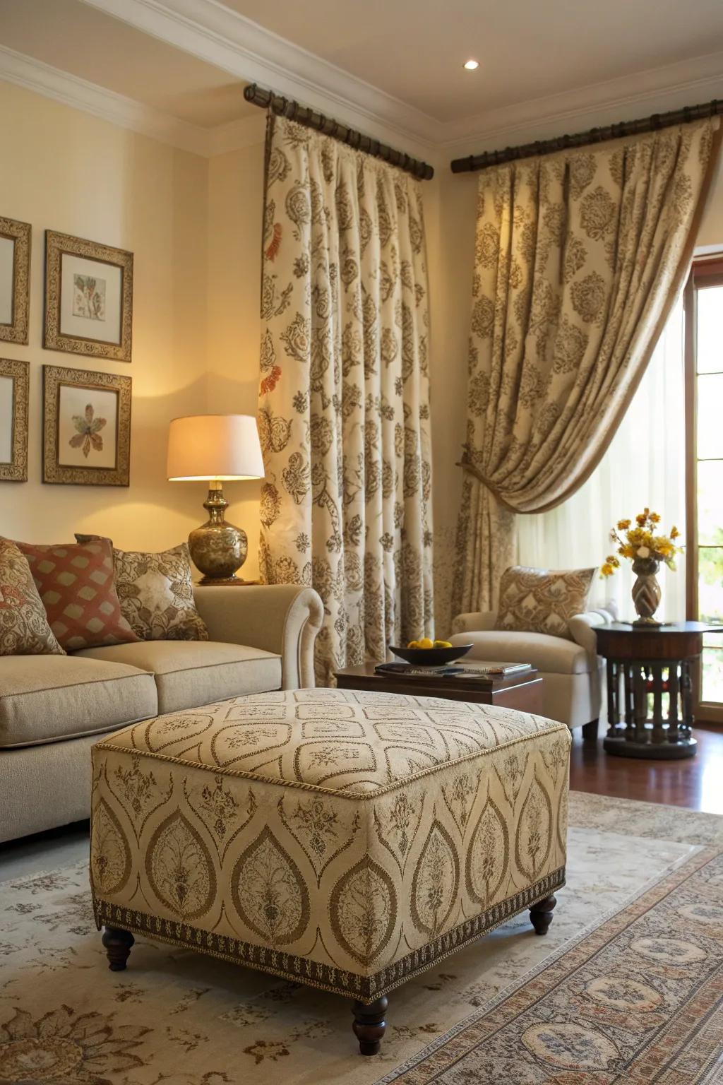 Coordinated ottoman and window hangings for a unified appearance