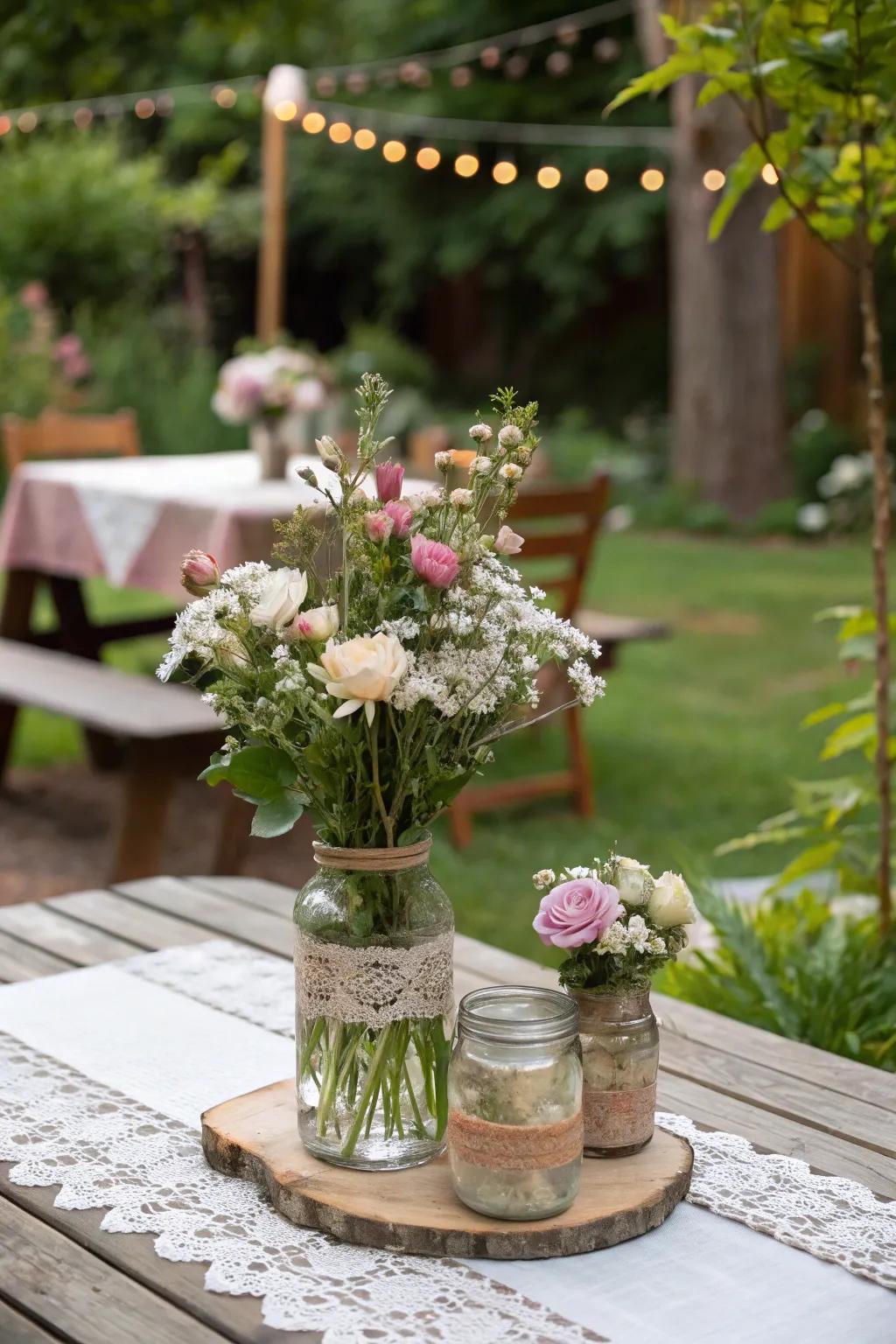 Conserve jars with blossoms provide a simple and delightful decor option.