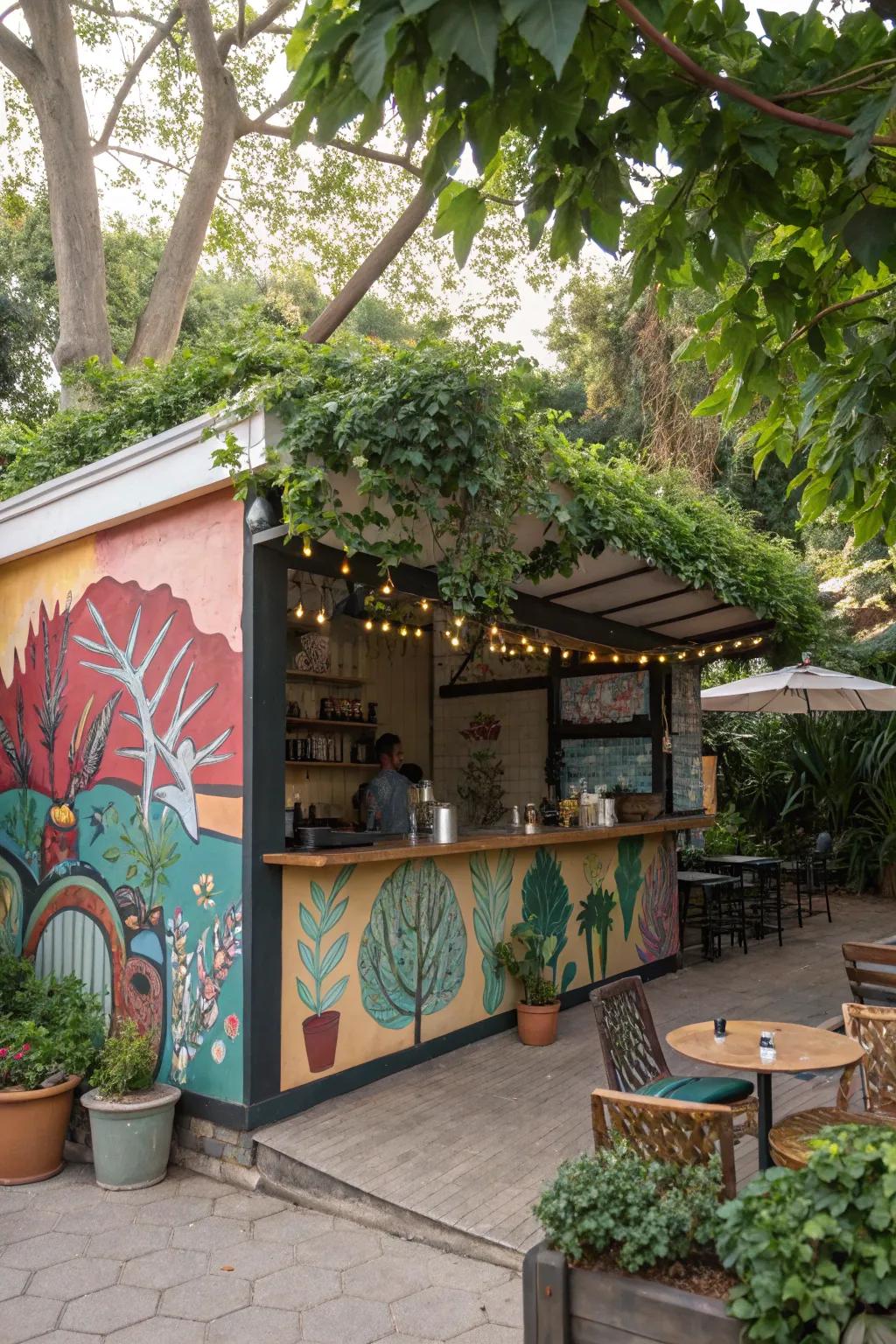 A artistically made coffee bar with magnificent mural backdrops.