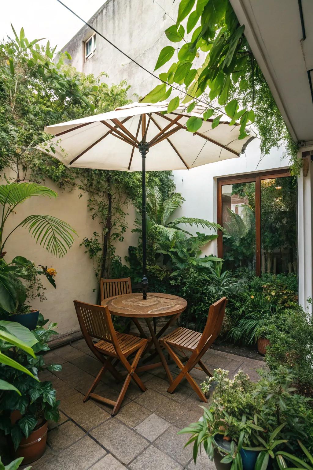 Drawstring parasols furnish shade and versatility.