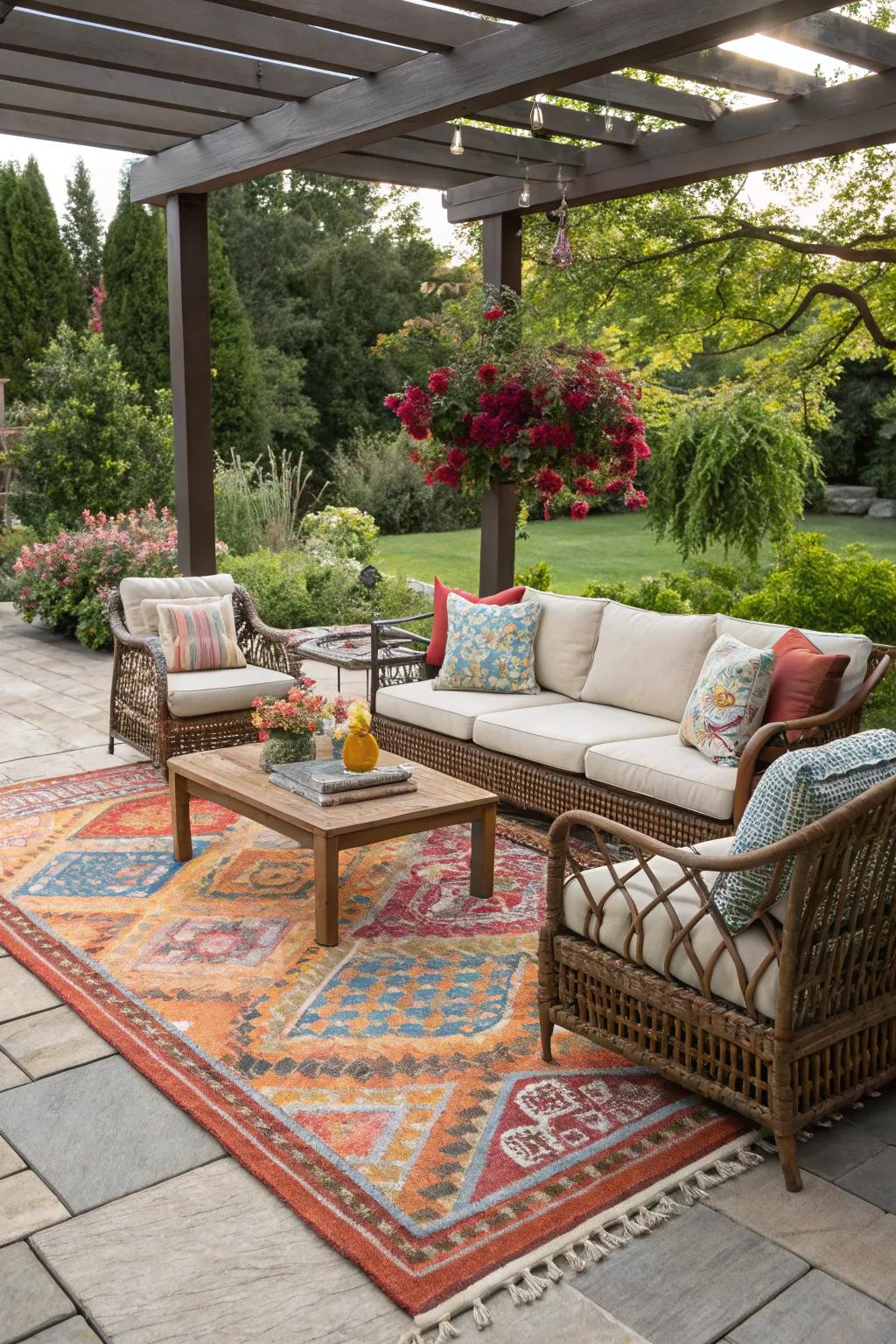 Outdoor rugs incorporate comfort and design to patio spaces.