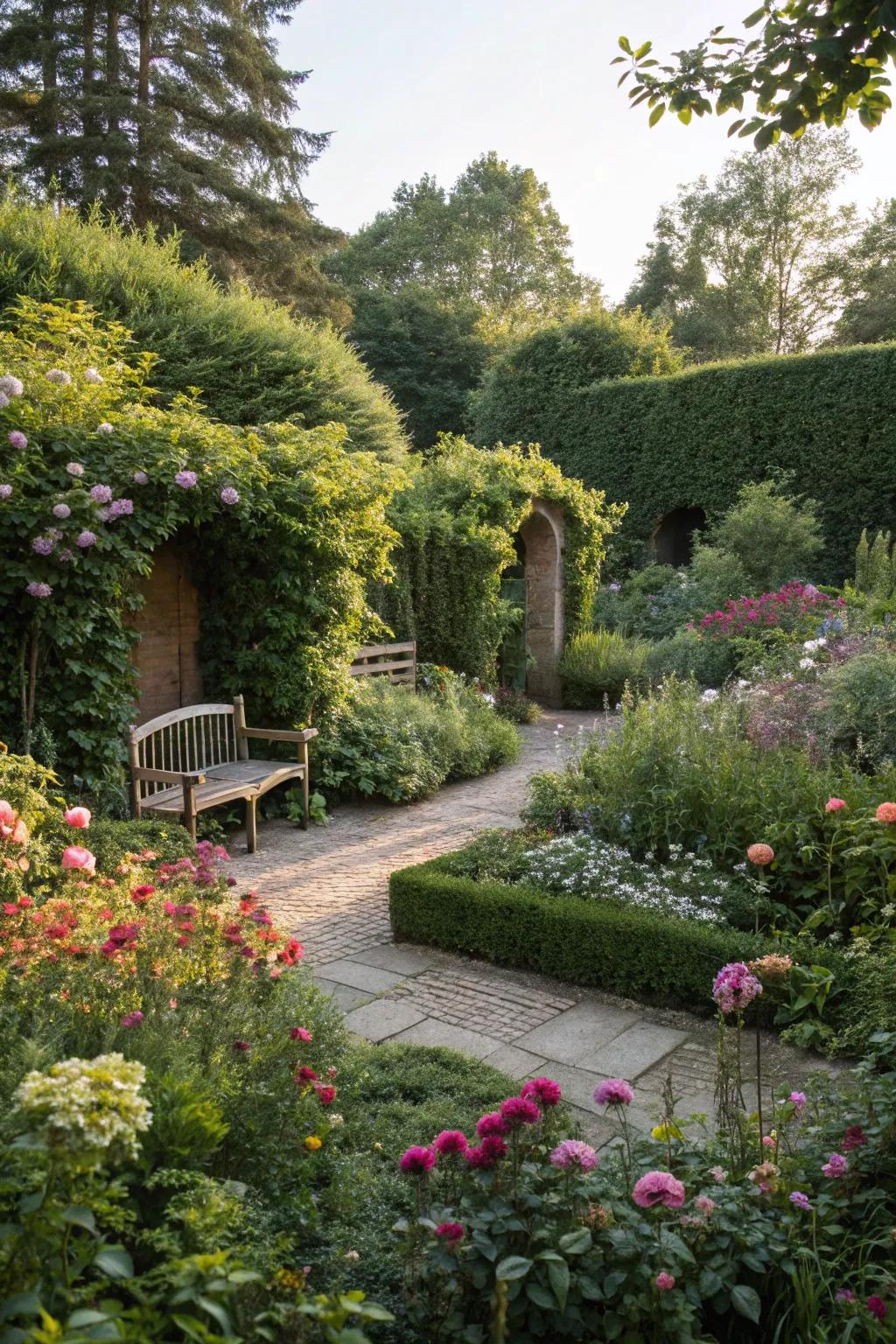 Secluded garden alcoves provide snug, private escapes.