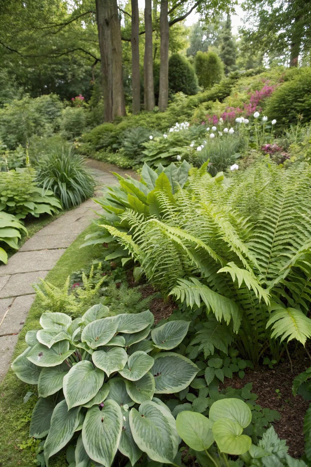 A layered garden presenting lush underplanting of ferns.