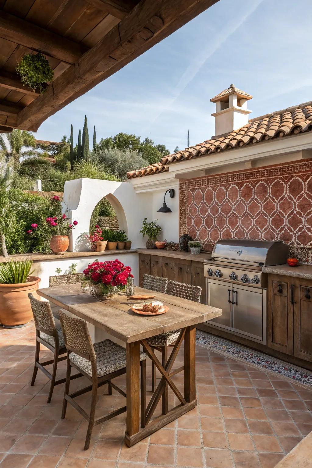Terracotta tiles bring a warm and cozy Mediterranean feel to outdoor kitchens.