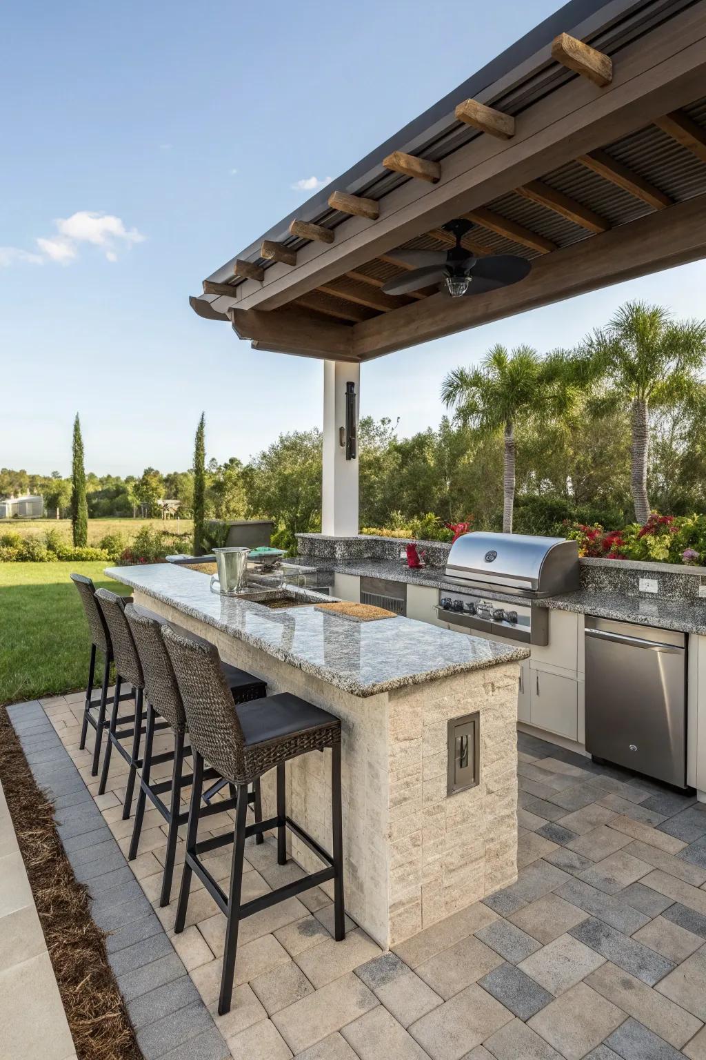 A spacious L-shaped outdoor cooking area designed for meal prep and hosting.
