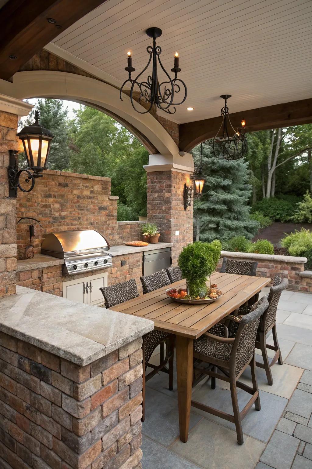 Wall sconces add an artistic flair to outdoor kitchens.