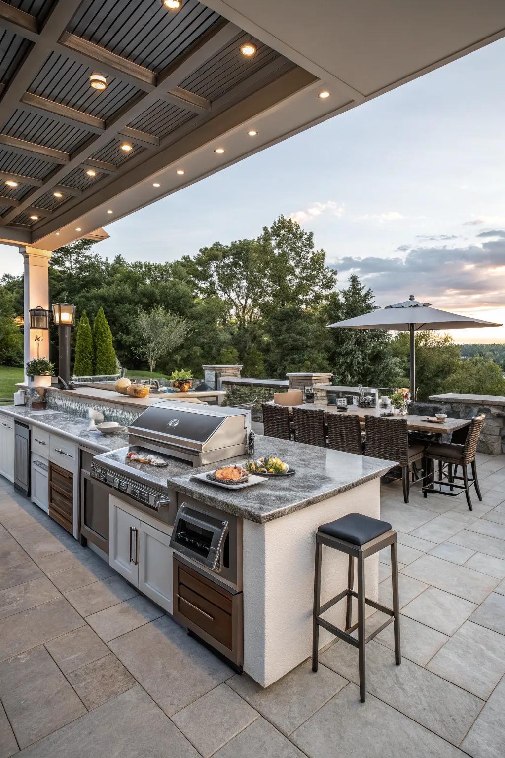 An outdoor kitchen with a multi-level counter for versatile use.