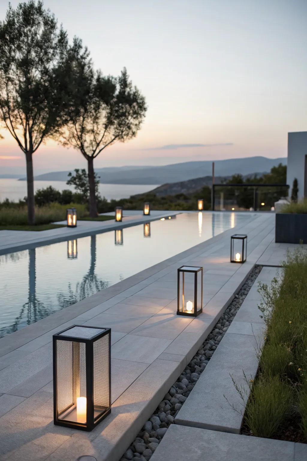 Minimalist lanterns add a contemporary and sophisticated vibe.