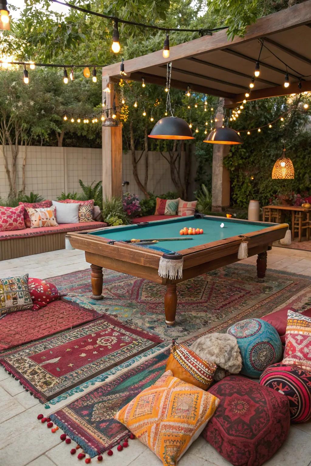 A bohemian-style pool table area with different types of colorful decor.