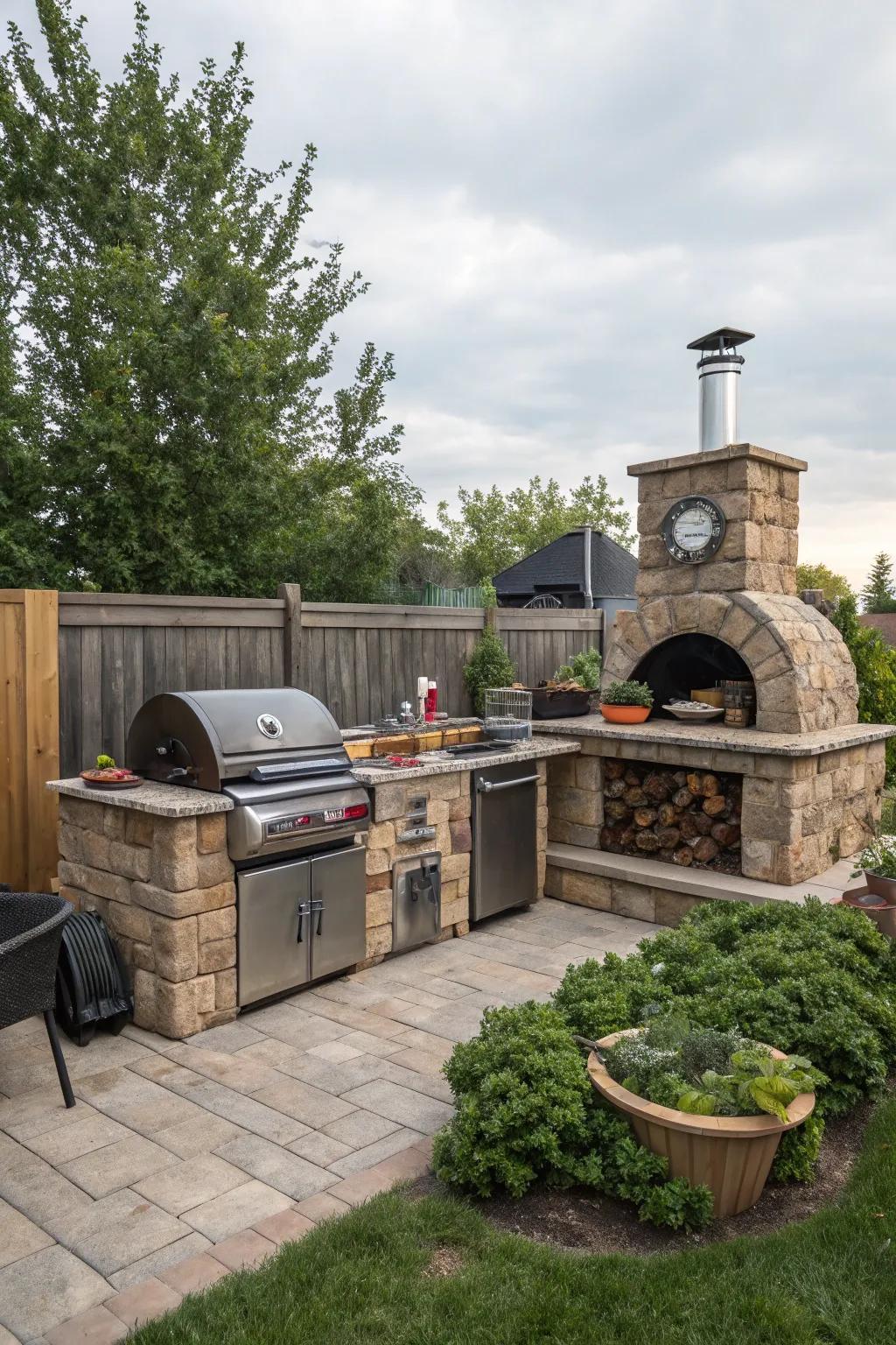 A multi-functional BBQ setup offers varied cooking capabilities.