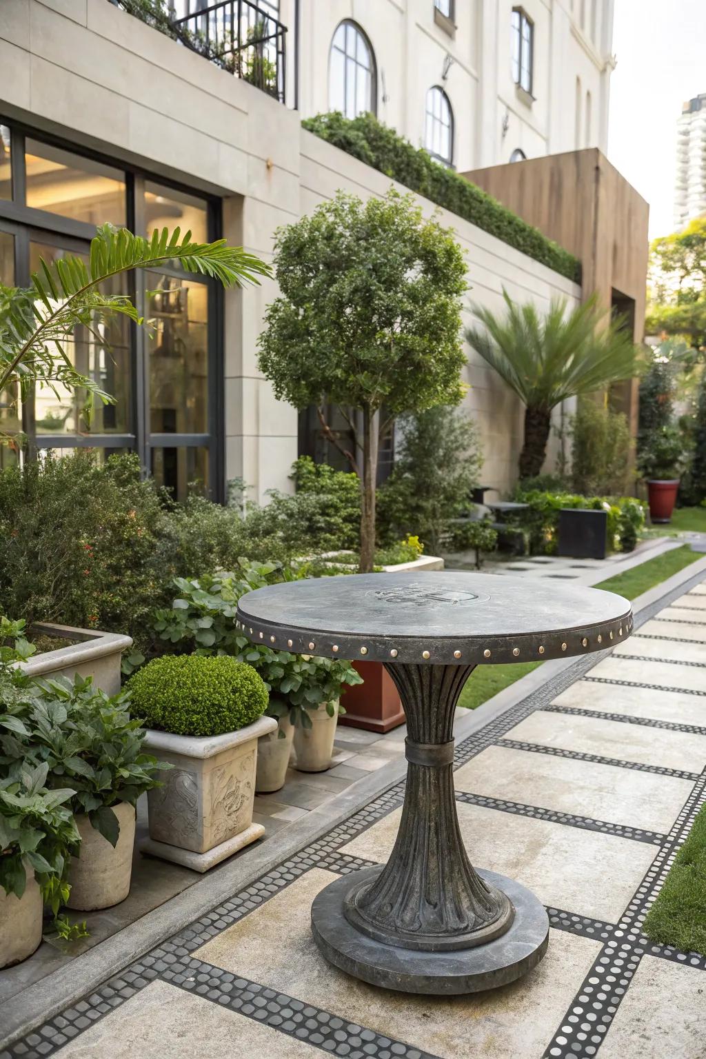 Metal table tops bring an industrial edge to outdoor design.