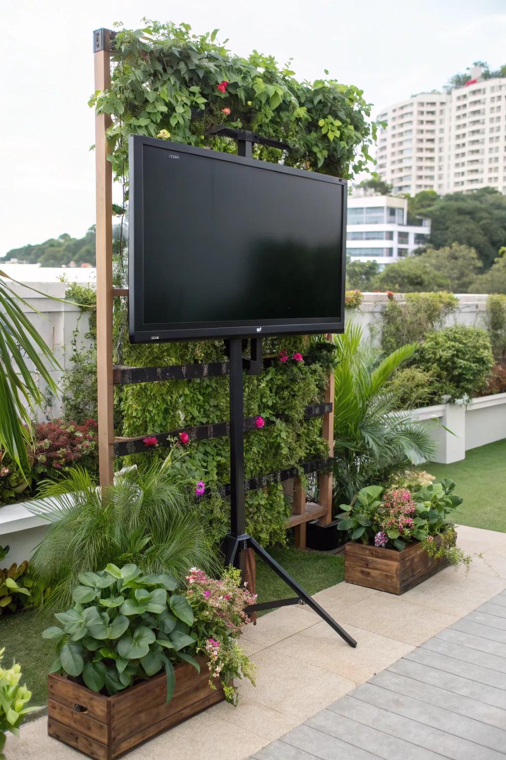 A vertical garden incorporates lush greenery and elevates your outdoor TV area.
